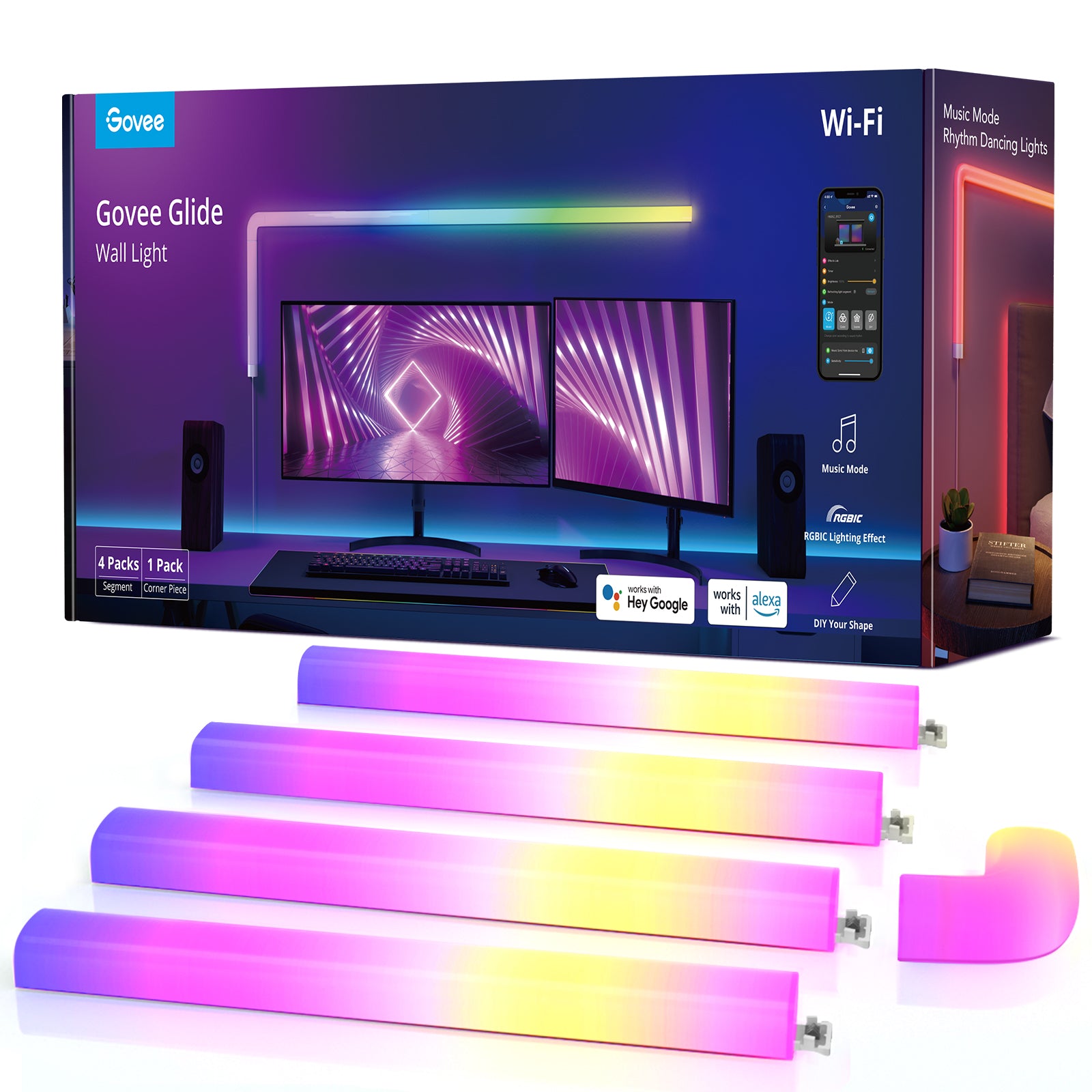 Govee Glide Wandleuchte B6062 – 4+1 Stk., 35,5 × 16,1 × 6,8 cm, RGBIC, WiFi/BT, für Alexa/Google/Siri