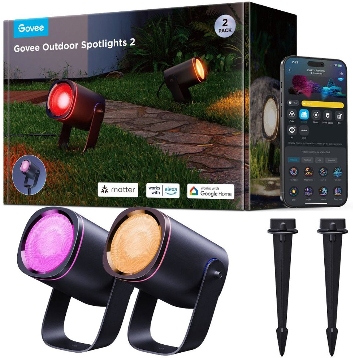 Govee Aussenwandleuchte H7093311 2er-Set – RGBIC – IP67 – Intelligente Steuerung, Wetterfest – Schwarz – Aluminium