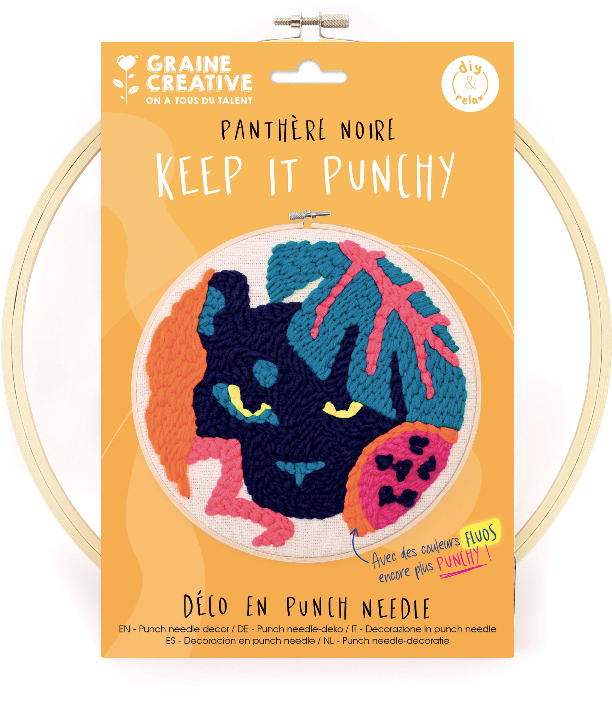 Graine creative Punch-Needle-Set Panther – Ø 25 cm – 60 m Garn, Punch-Needle-Nadel 5 mm