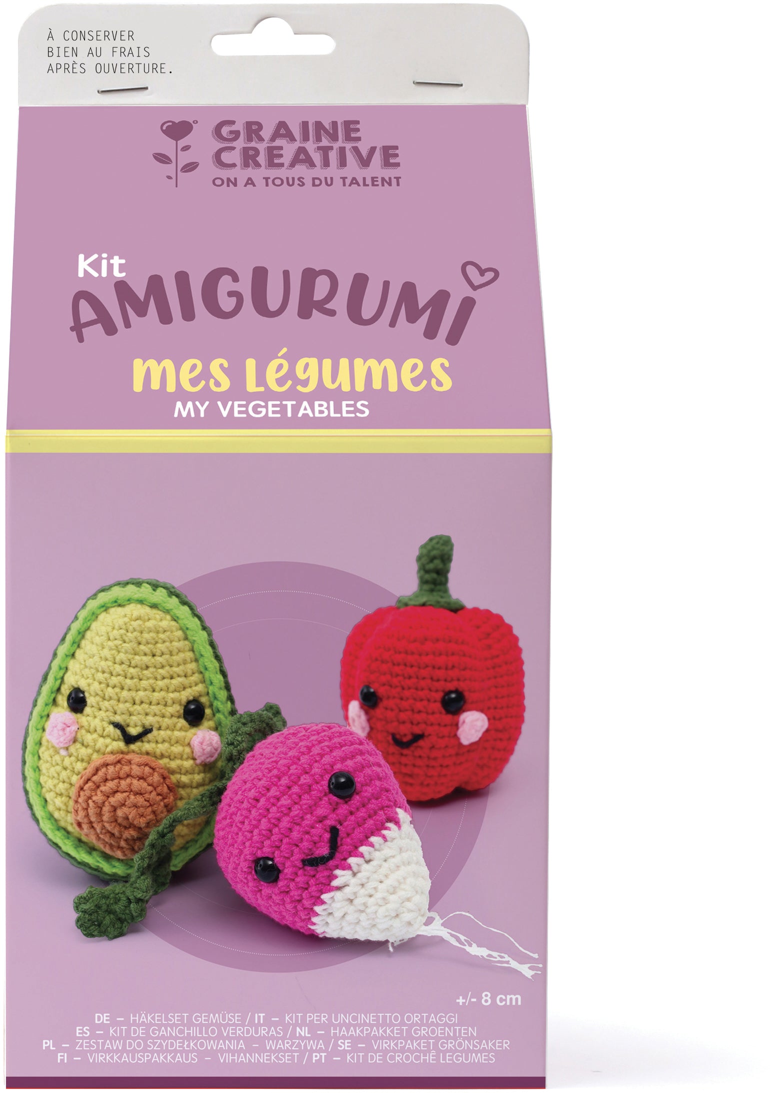 Graine creative Amigurumi-Kit – Gemüse – 9 Farben Garn, Häkelnadel 3,5 mm, 3 Paar Sicherheitsaugen 8 mm