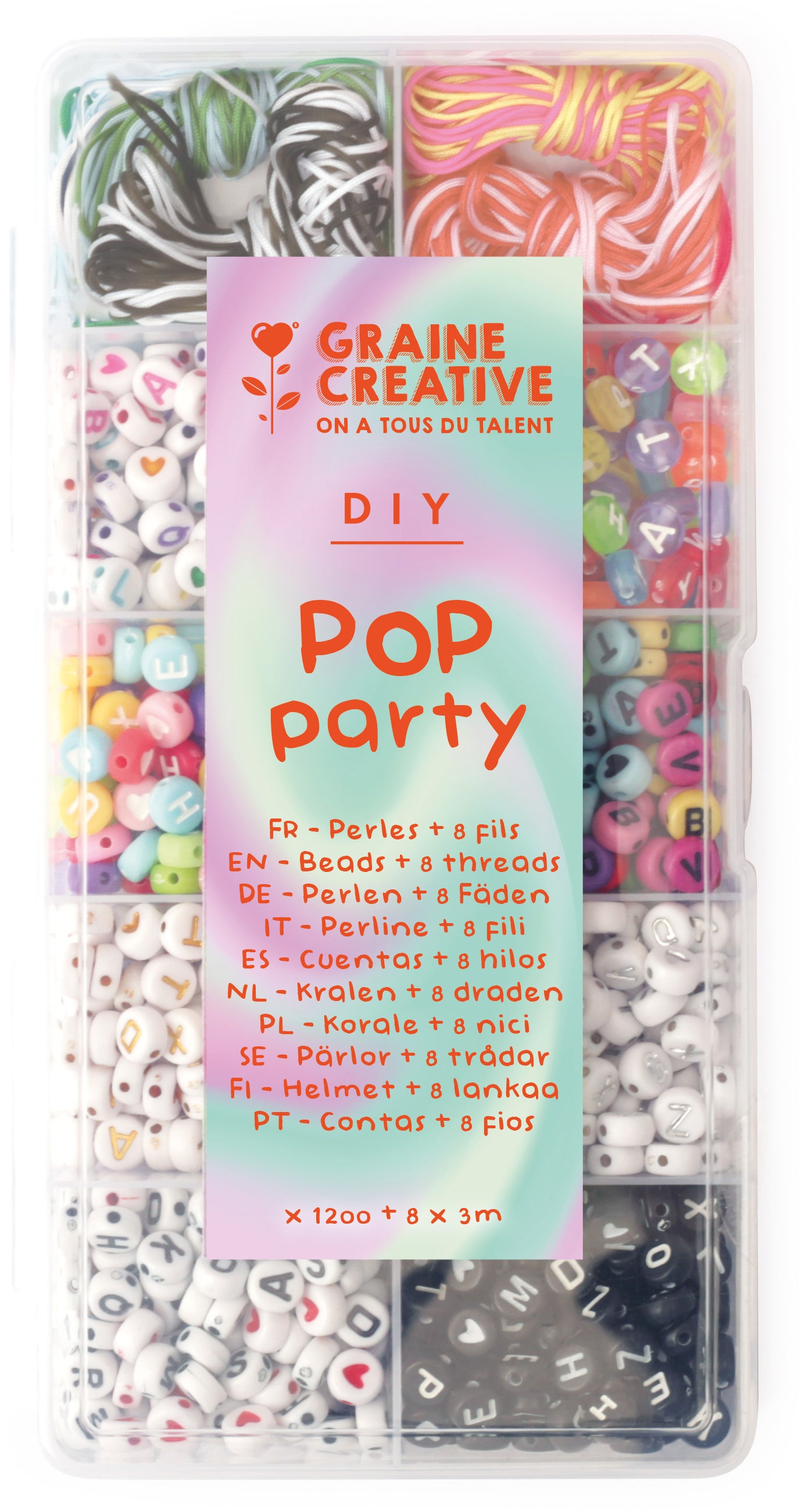 Graine creative Pop Party – Perlen-Set – Buchstaben-Perlen – 1200 Perlen, 8 Kordeln à 3 m