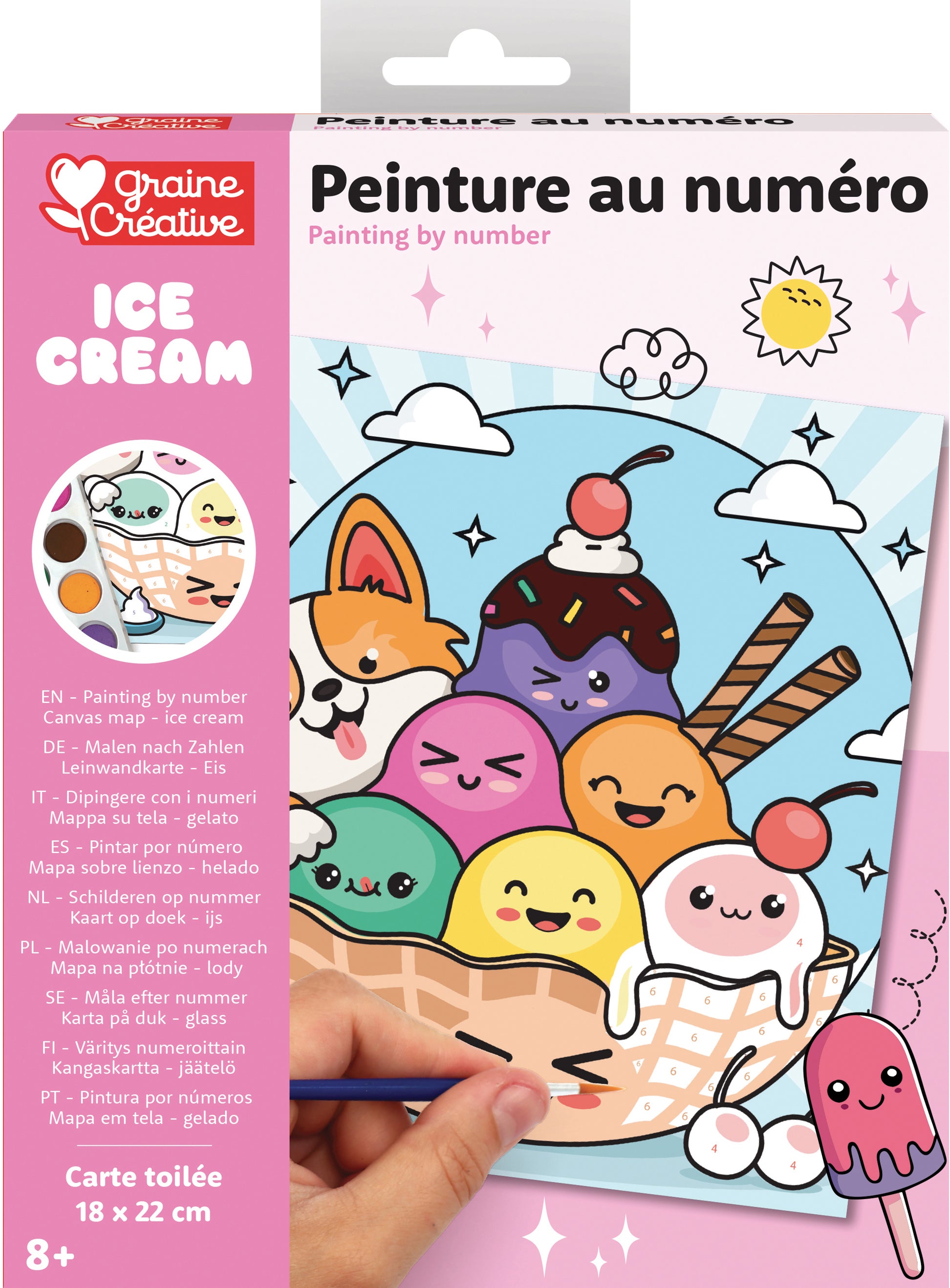 Graine creative Malen-nach-Zahlen-Set – Eiscreme – 18,5 × 22,5 cm – 9 Farben, inkl. Pinsel – ab 8 Jahren