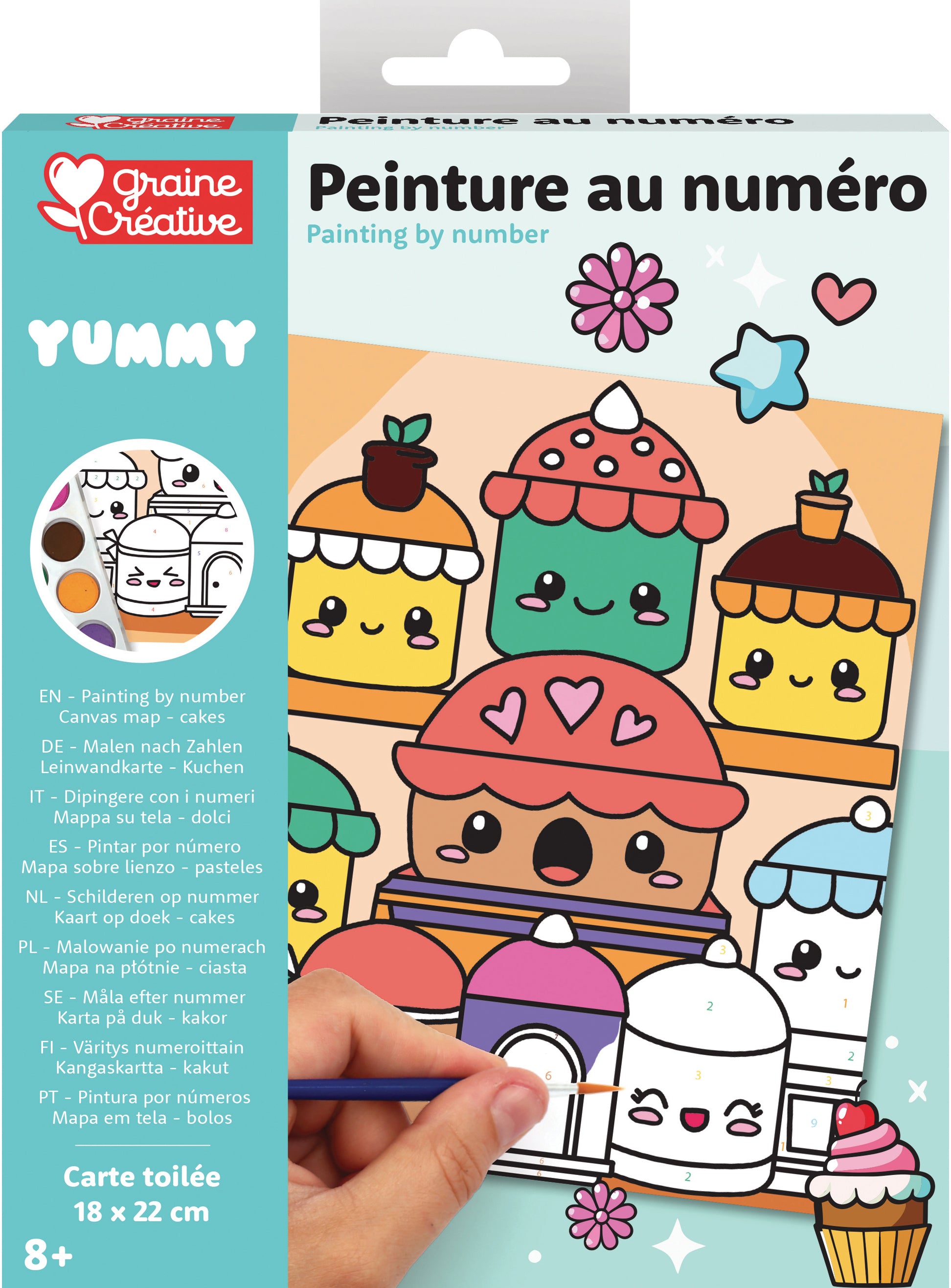 Graine creative Malen-nach-Zahlen-Set – Kawaii Kuchen – 18,5 × 22,5 cm – 9 Farben – ab 8 Jahren