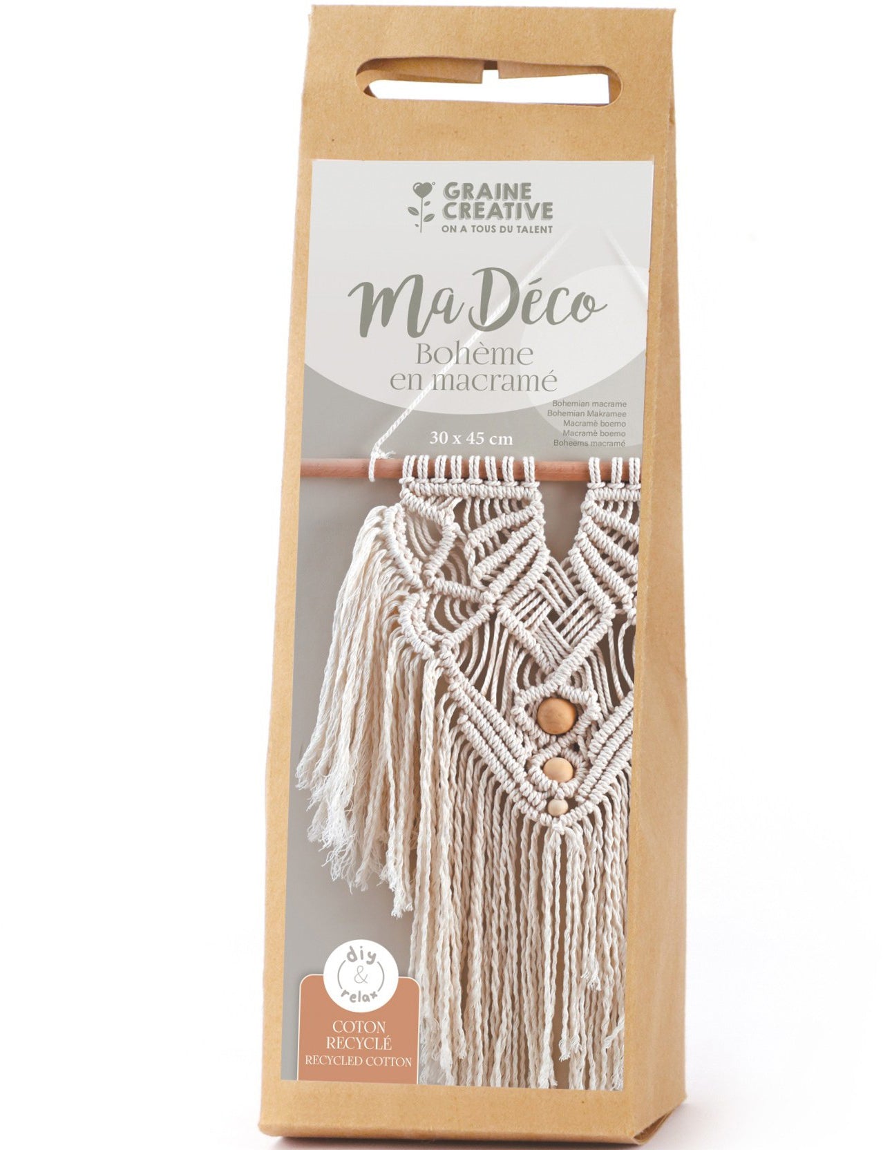 Graine creative Bohčme – Makramee-Set – 70 m recycelte Baumwollkordel Ø 2 mm, Holzstab 30 cm, 3 Holzperlen