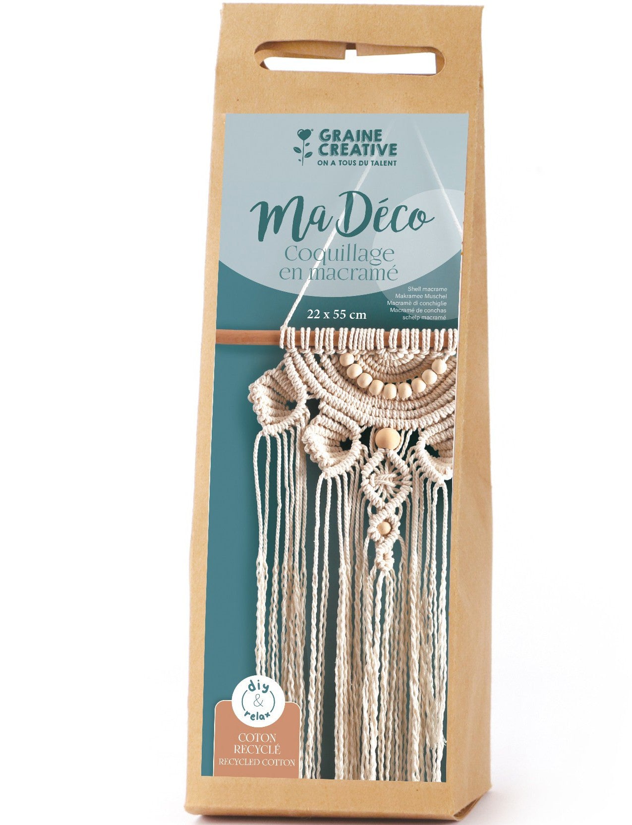 Graine creative Bohčme Shell – Makramee-Set – Boho-Wanddekoration – 70 m Baumwollkordel, 30 cm Stab
