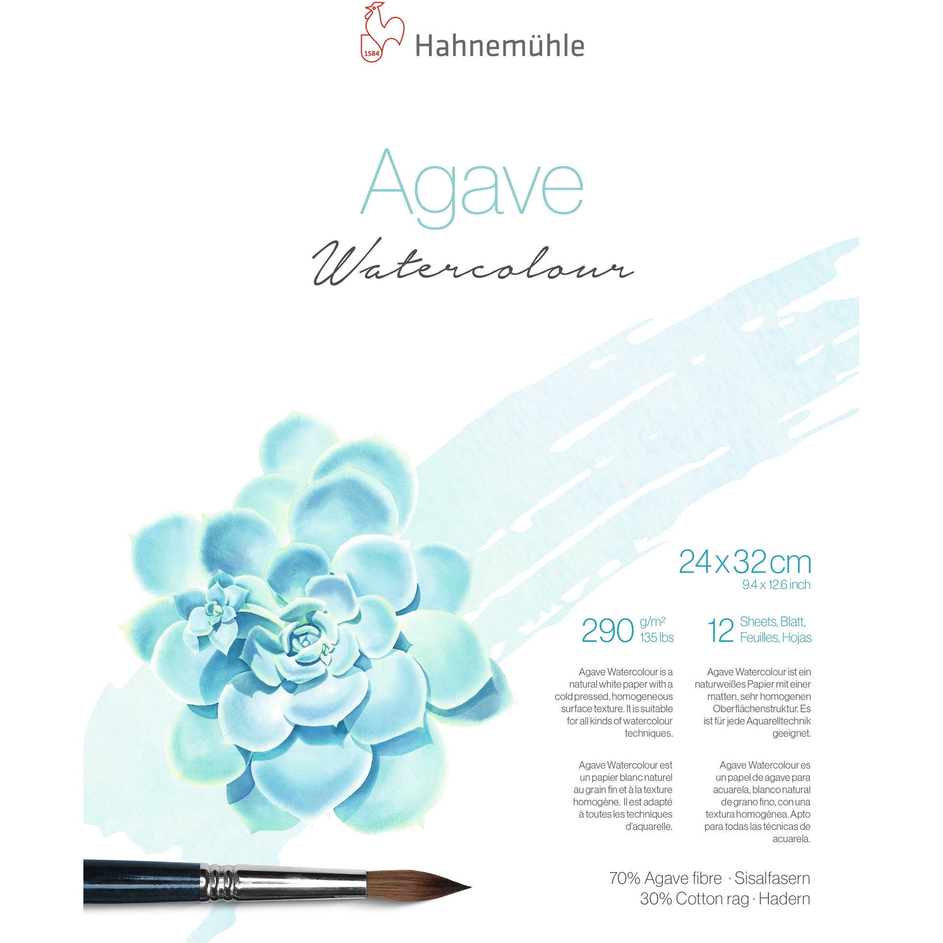 Hahnemühle Agave Aquarellblock – 24 × 32 cm – 290 g/m² – 12 Blatt, weiss, strukturiert, für Aquarell & Gouache