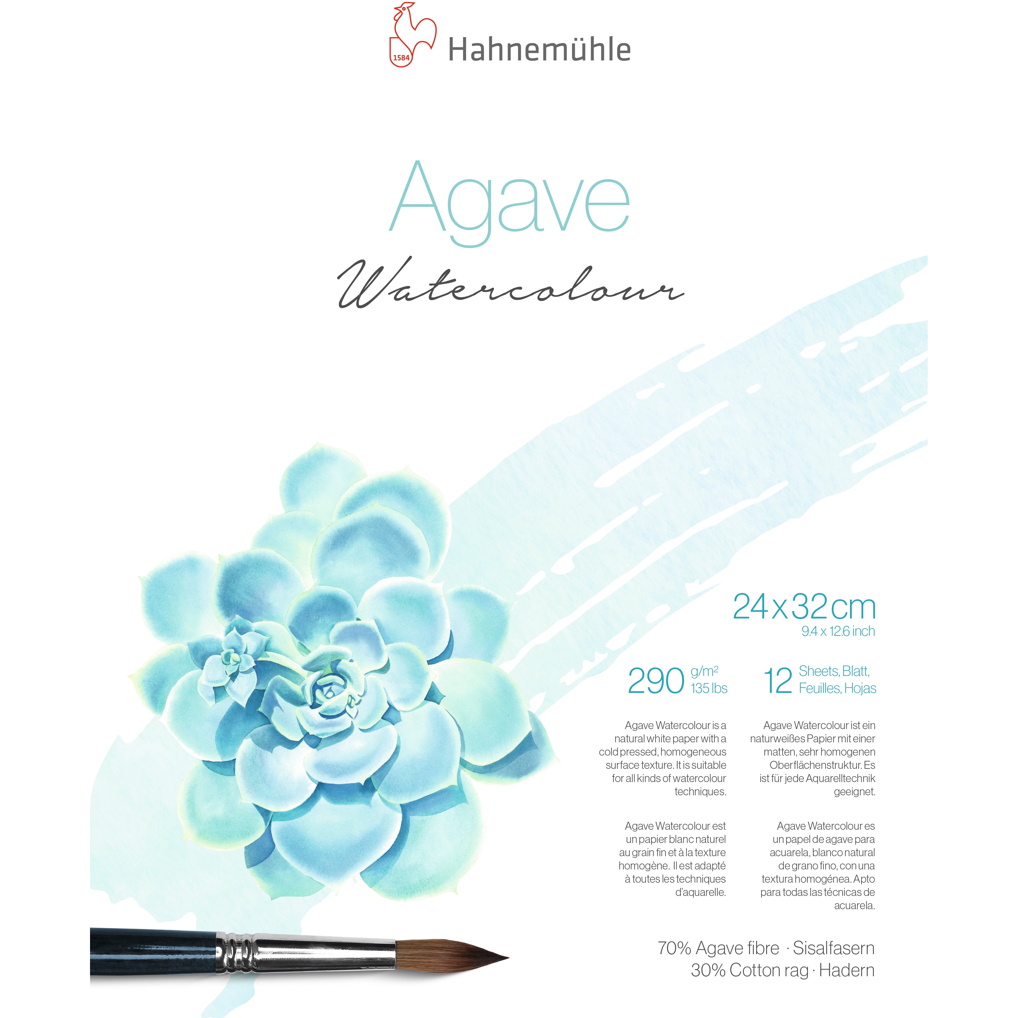 Hahnemühle Agave Aquarellblock – 24 × 32 cm – 290 g/m² – 12 Blatt, weiss, strukturiert, für Aquarell & Gouache