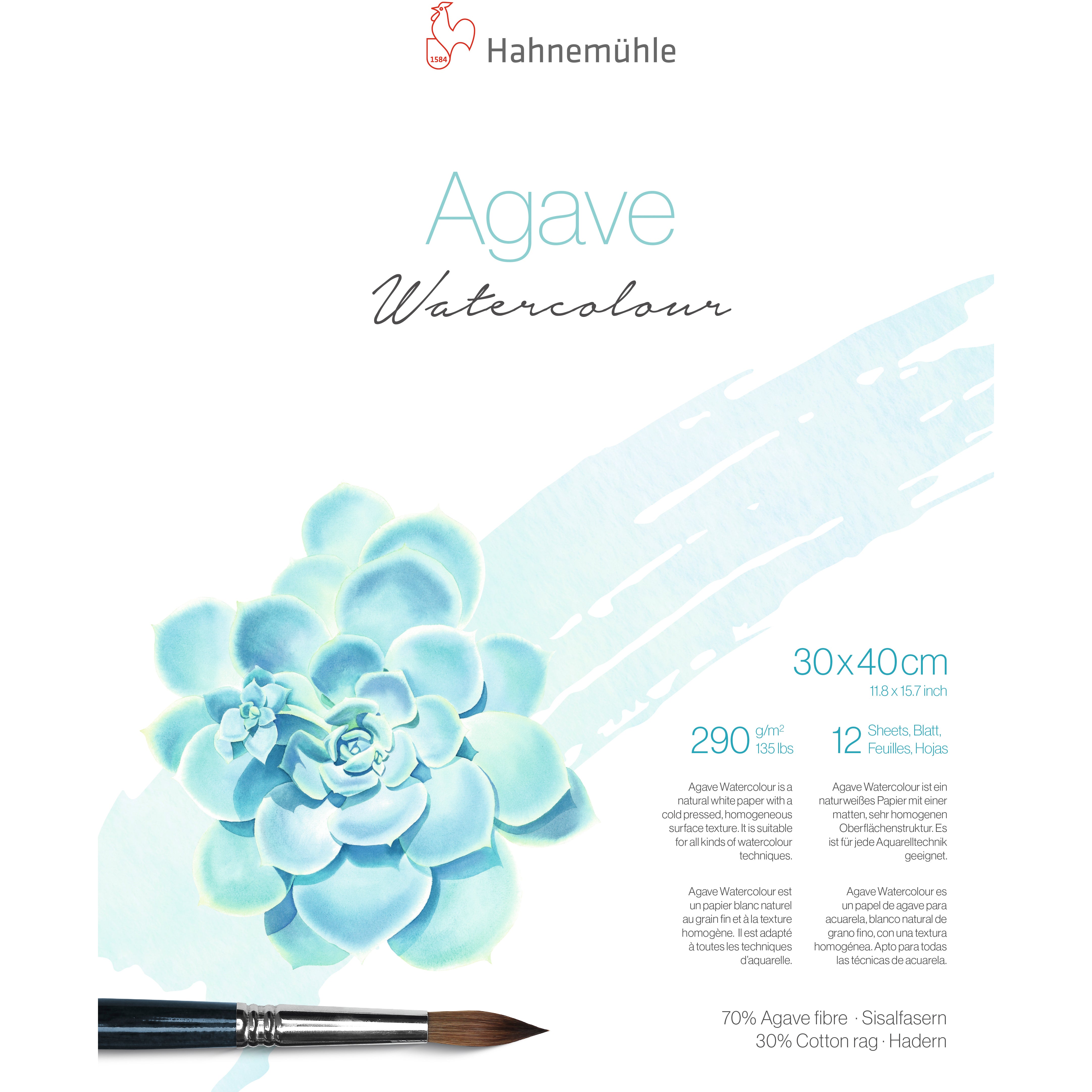 Hahnemühle Agave Aquarellblock – 30 × 40 cm – 290 g/m² – 12 Blatt, weiss, für Aquarell & Gouache