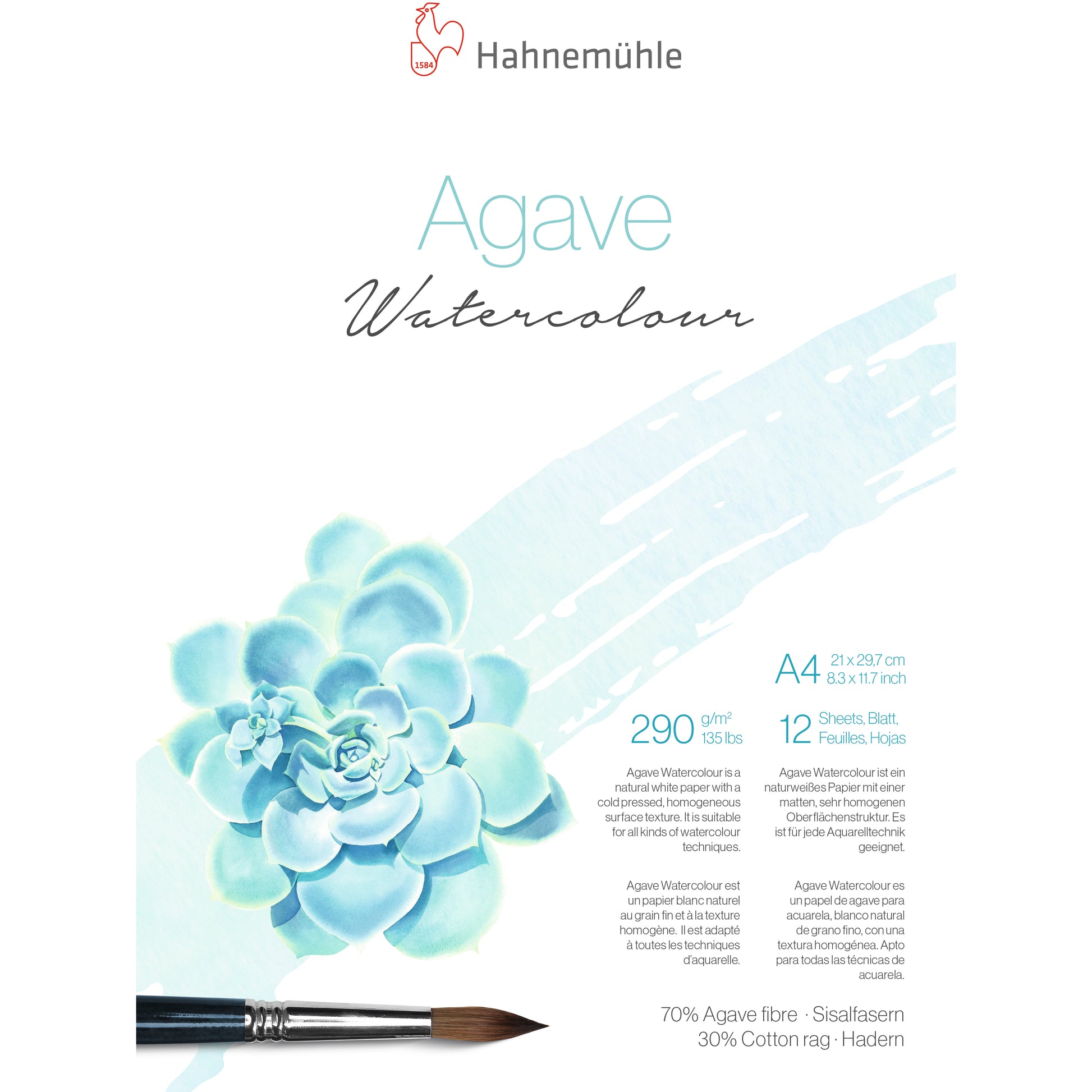 Hahnemühle Agave Aquarellblock – A4 – 290 g/m² – 12 Blatt, weiss, strukturiert