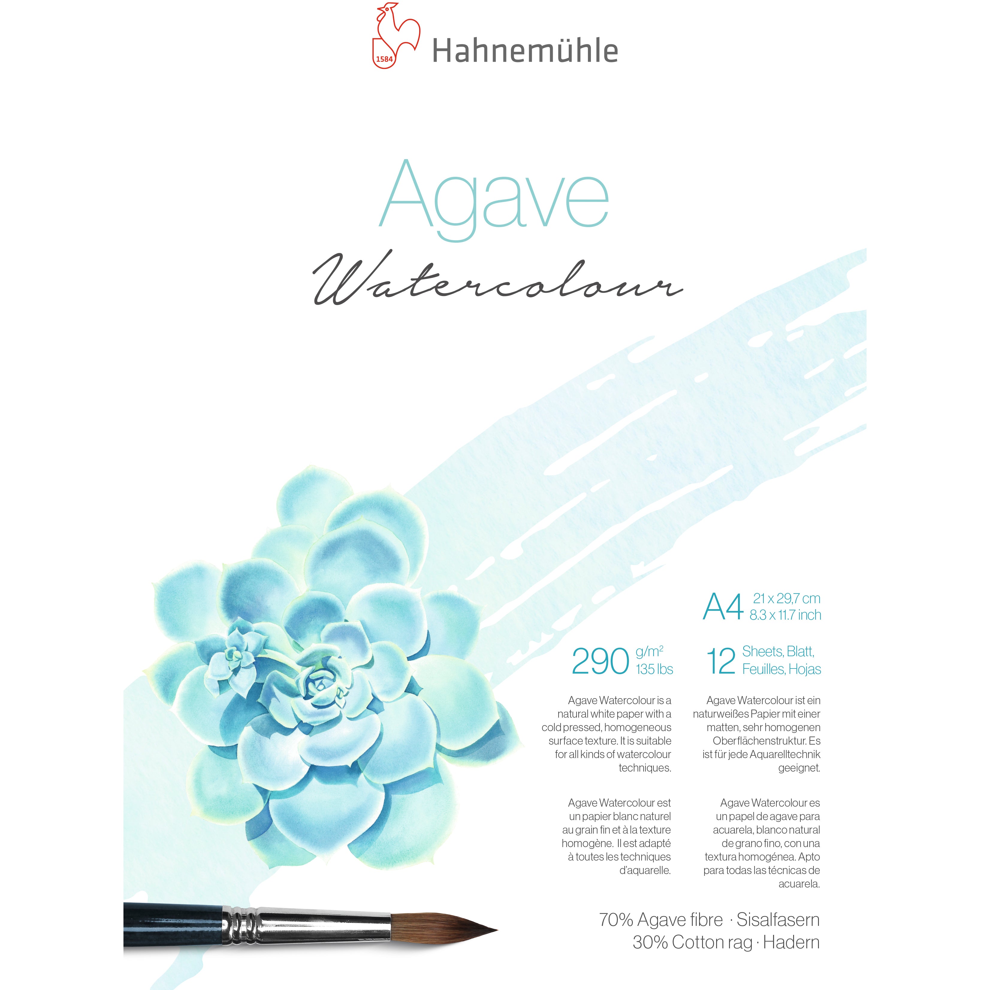 Hahnemühle Agave Aquarellblock – A4 – 290 g/m² – 12 Blatt, weiss, strukturiert
