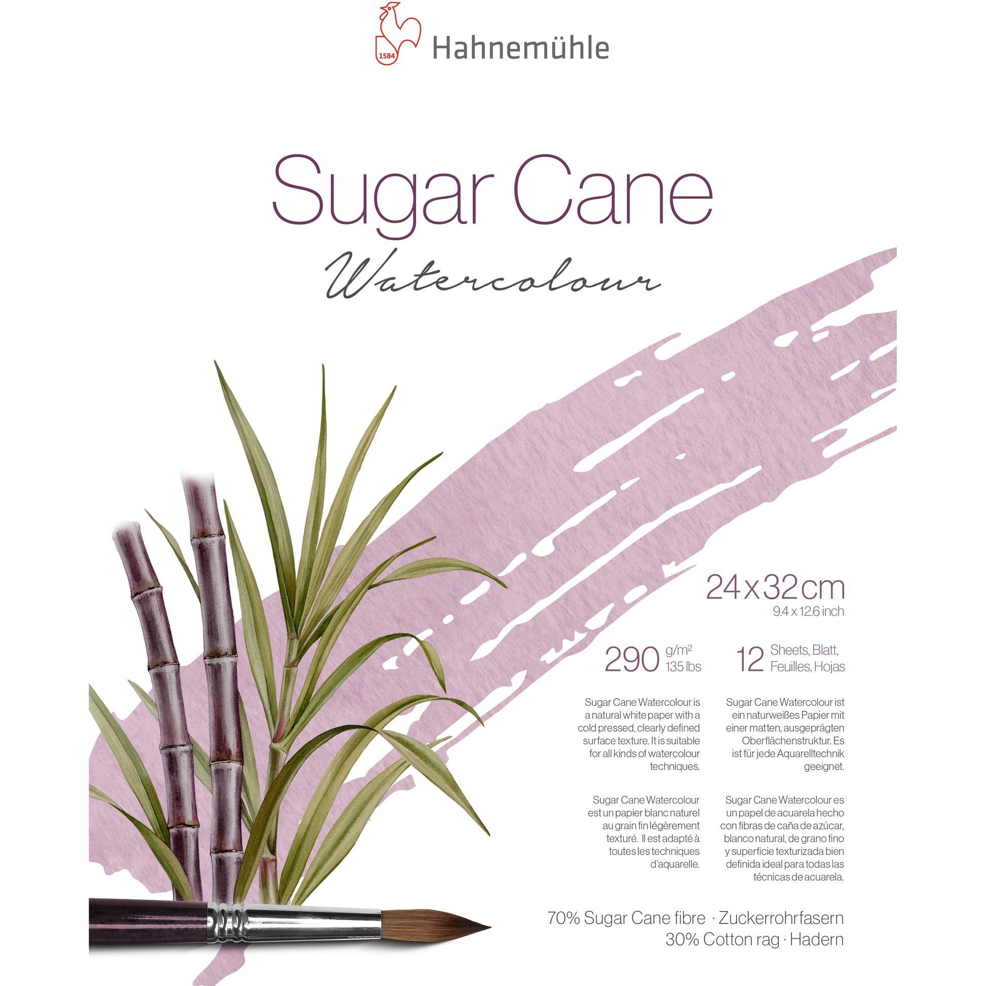 Hahnemühle SugarCane Aquarellblock – 24 × 32 cm – 290 g/m² – 12 Blatt, weiss, leicht strukturiert, für Aquarell
