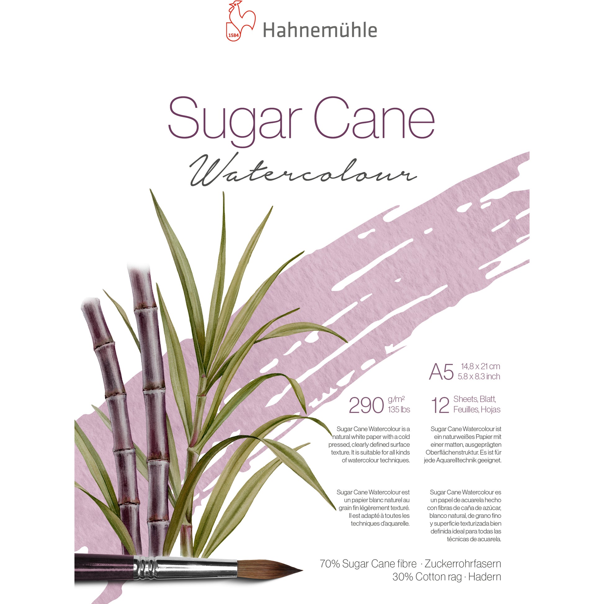 Hahnemühle SugarCane Aquarellblock – A5 – 290 g/m² – 12 Blatt, weiss, strukturiert, für Aquarell & Gouache