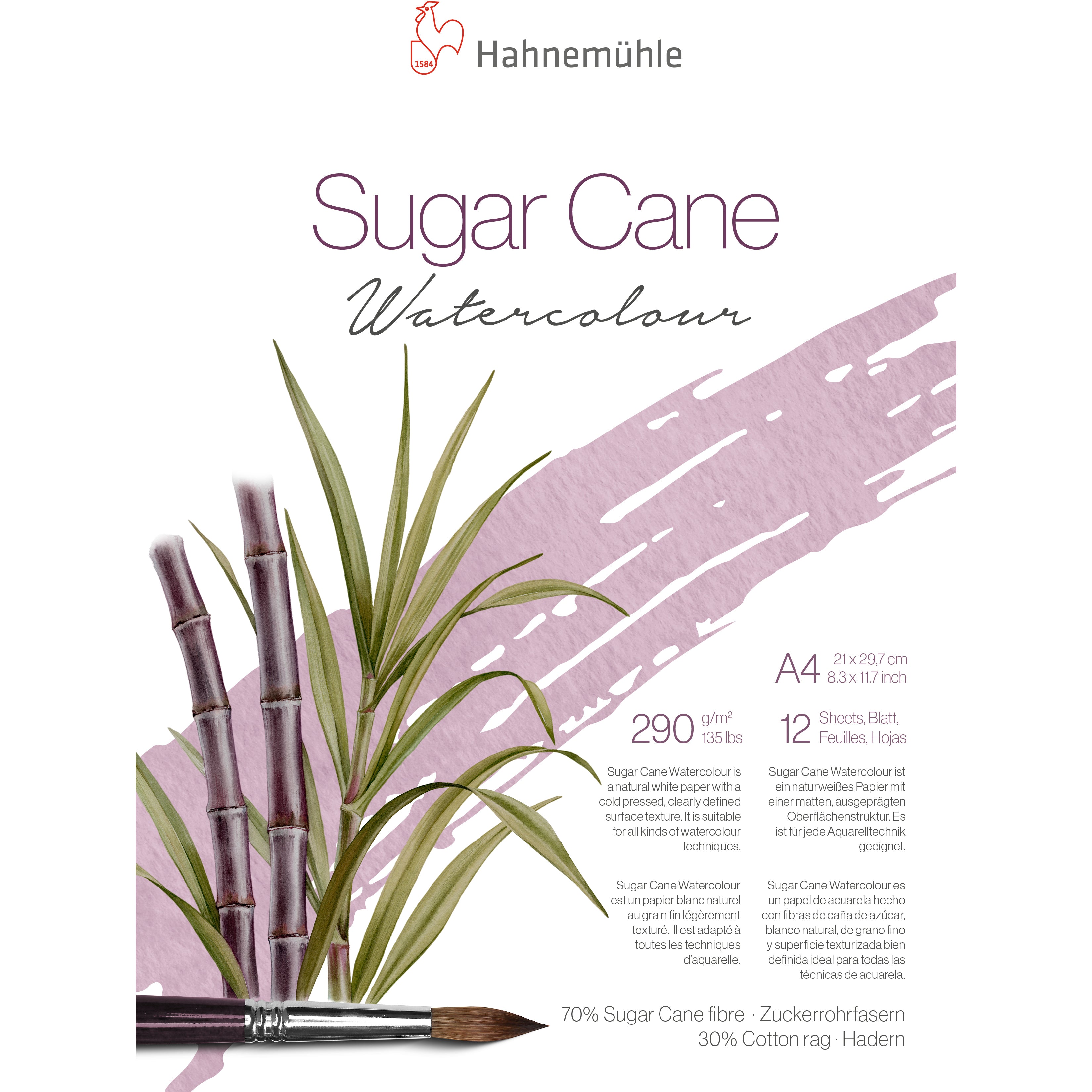 Hahnemühle Sugar Cane Aquarellblock – A4 – 290 g/m² – 12 Blatt, weiss, strukturiert – für Aquarell & Gouache