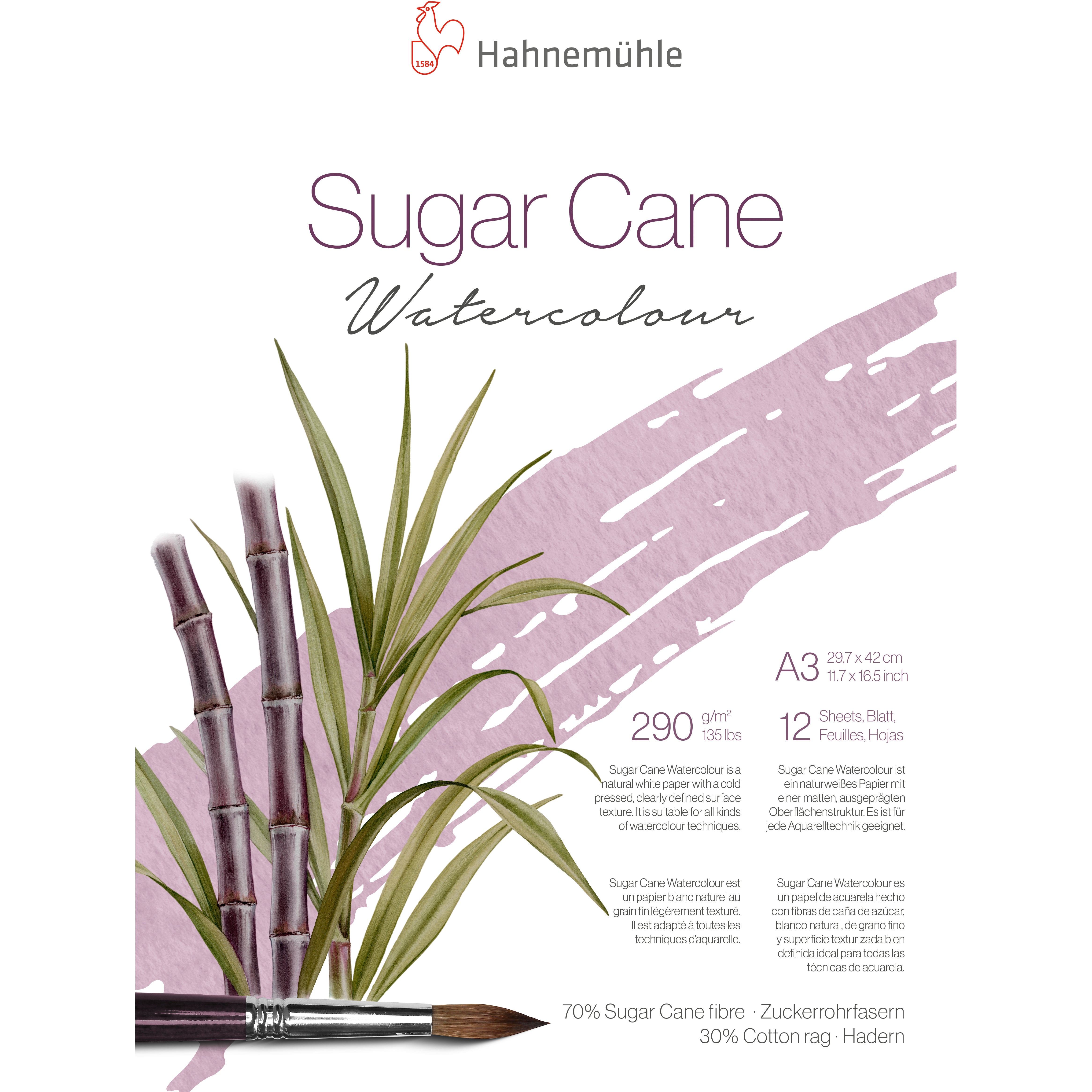 Hahnemühle SugarCane Aquarellblock – A3 – 290 g/m² – 12 Blatt, weiss, strukturiert, für Aquarell & Gouache