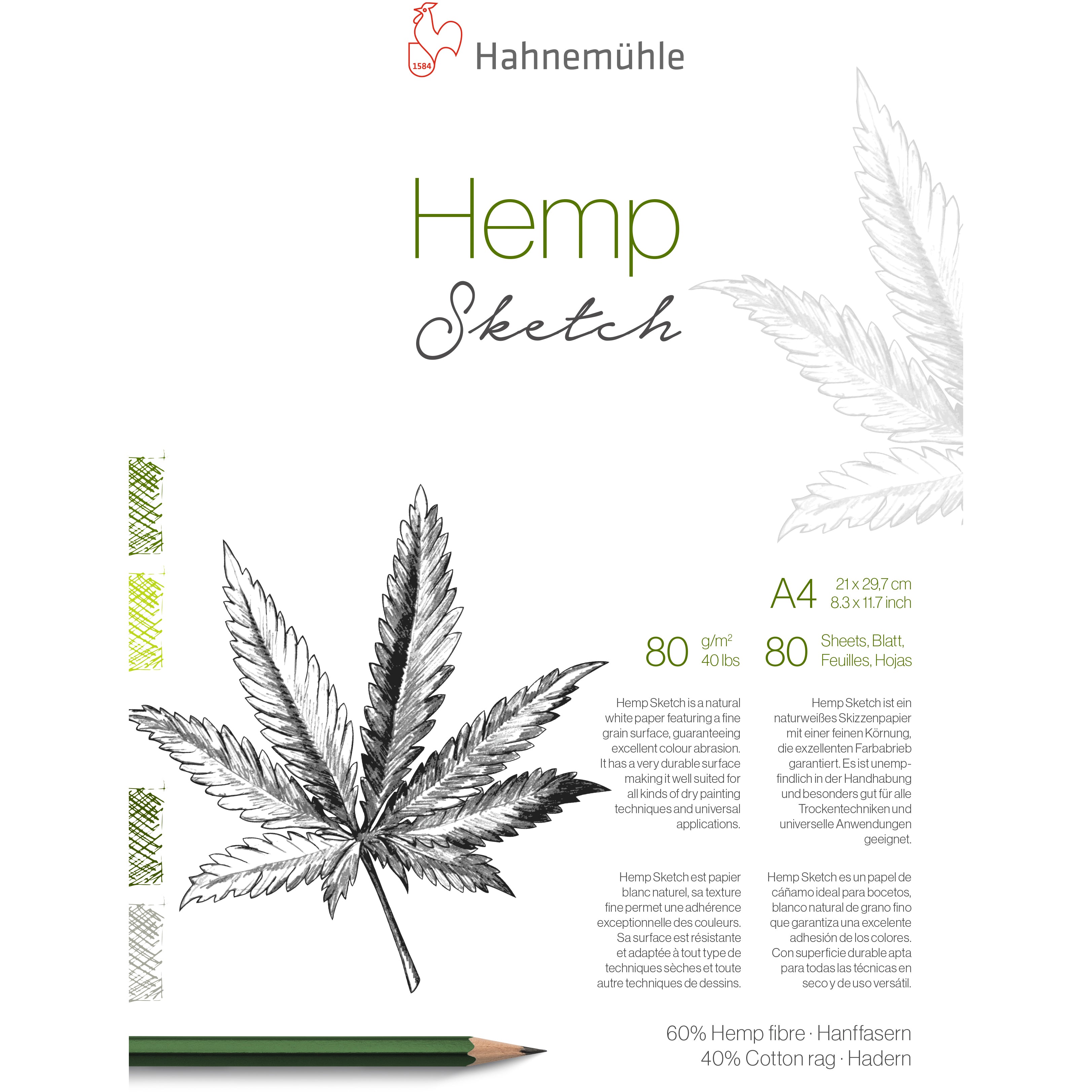 Hahnemühle Skizzenblock Hemp Sketch – A4 – 80 g/m² – 80 Blatt – für Skizzen & Bleistift – aus Hanfpapier