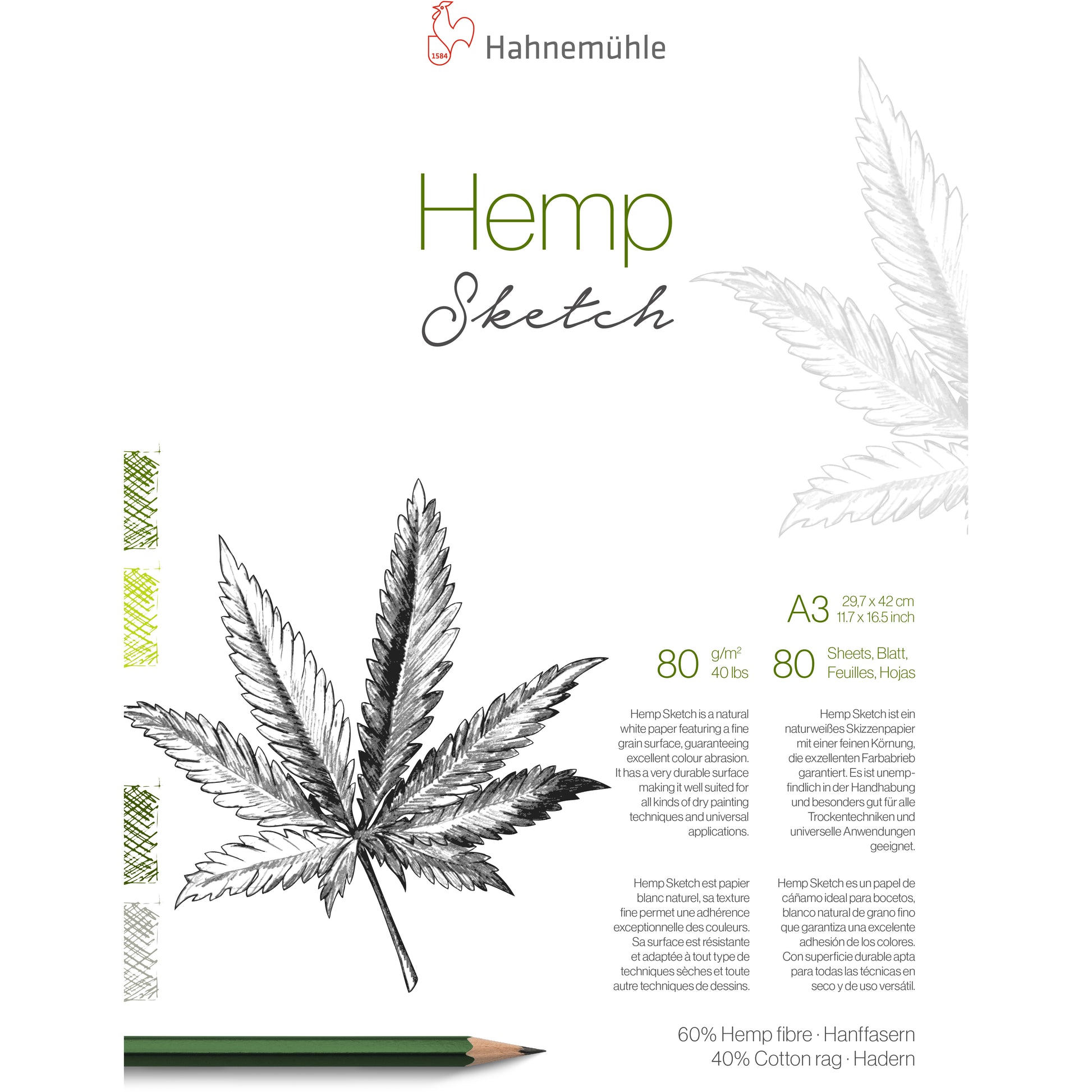 Hahnemühle Skizzenblock Hemp Sketch – A3 – 80 g/m² – 80 Blatt – Hanfpapier – für Skizzen & Bleistift