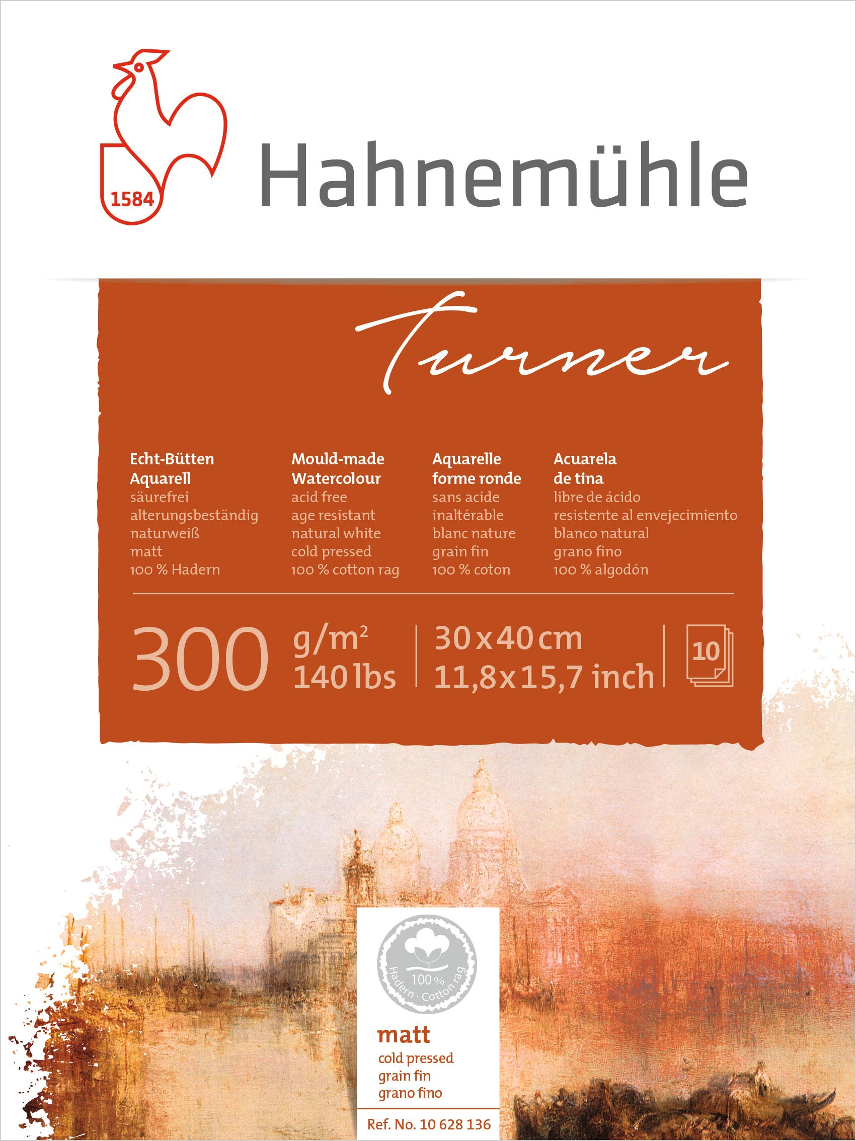 Hahnemühle William Turner Aquarellblock – 30,5 × 40 cm – 300 g/m² – 10 Blatt, weiss, matt