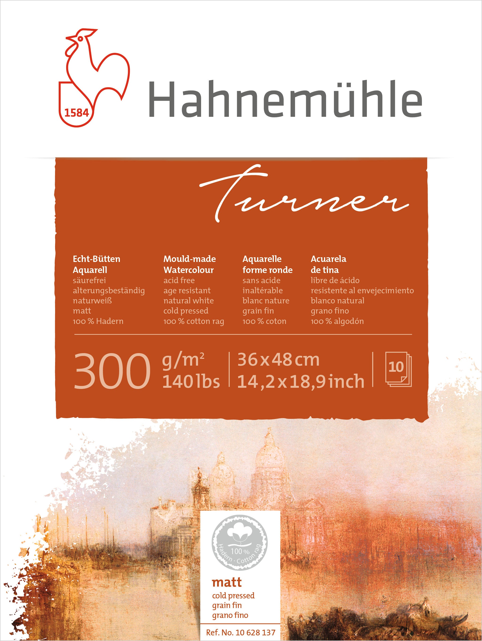 Hahnemühle William Turner Aquarellblock – 36,5 × 48,5 cm – 300 g/m² – 10 Blatt, weiss, matt