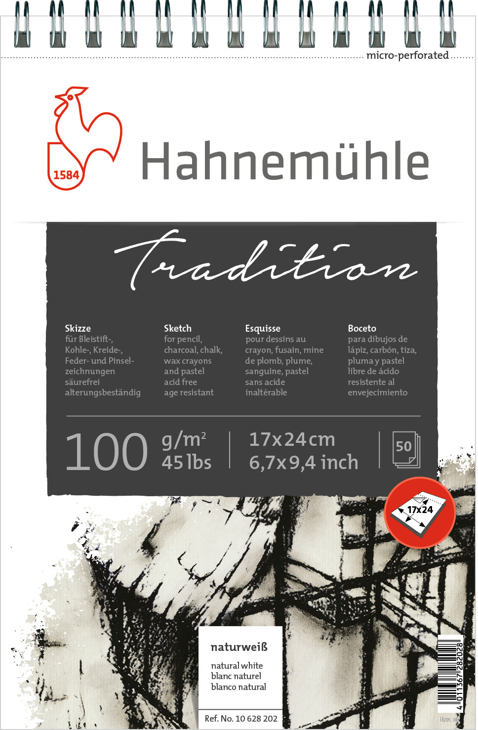 Hahnemühle Skizzenblock Tradition – 17 × 24 cm – 100 g/m² – Spiral – 50 Blatt – für Bleistift, Kohle & Tinte