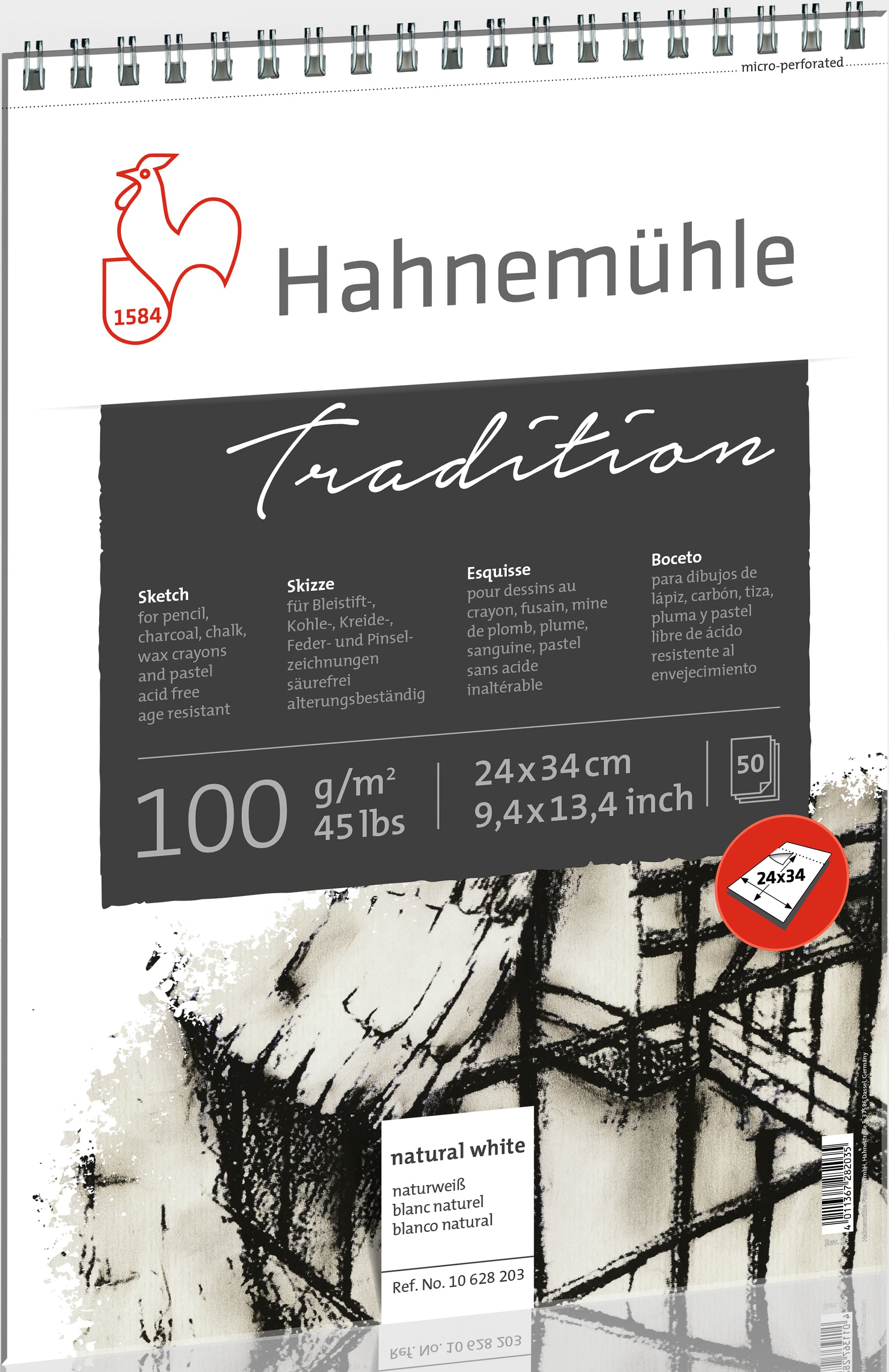 Hahnemühle Skizzenblock Tradition – 24 × 34 cm – 100 g/m² – Spiral – für Bleistift, Kohle & Tinte