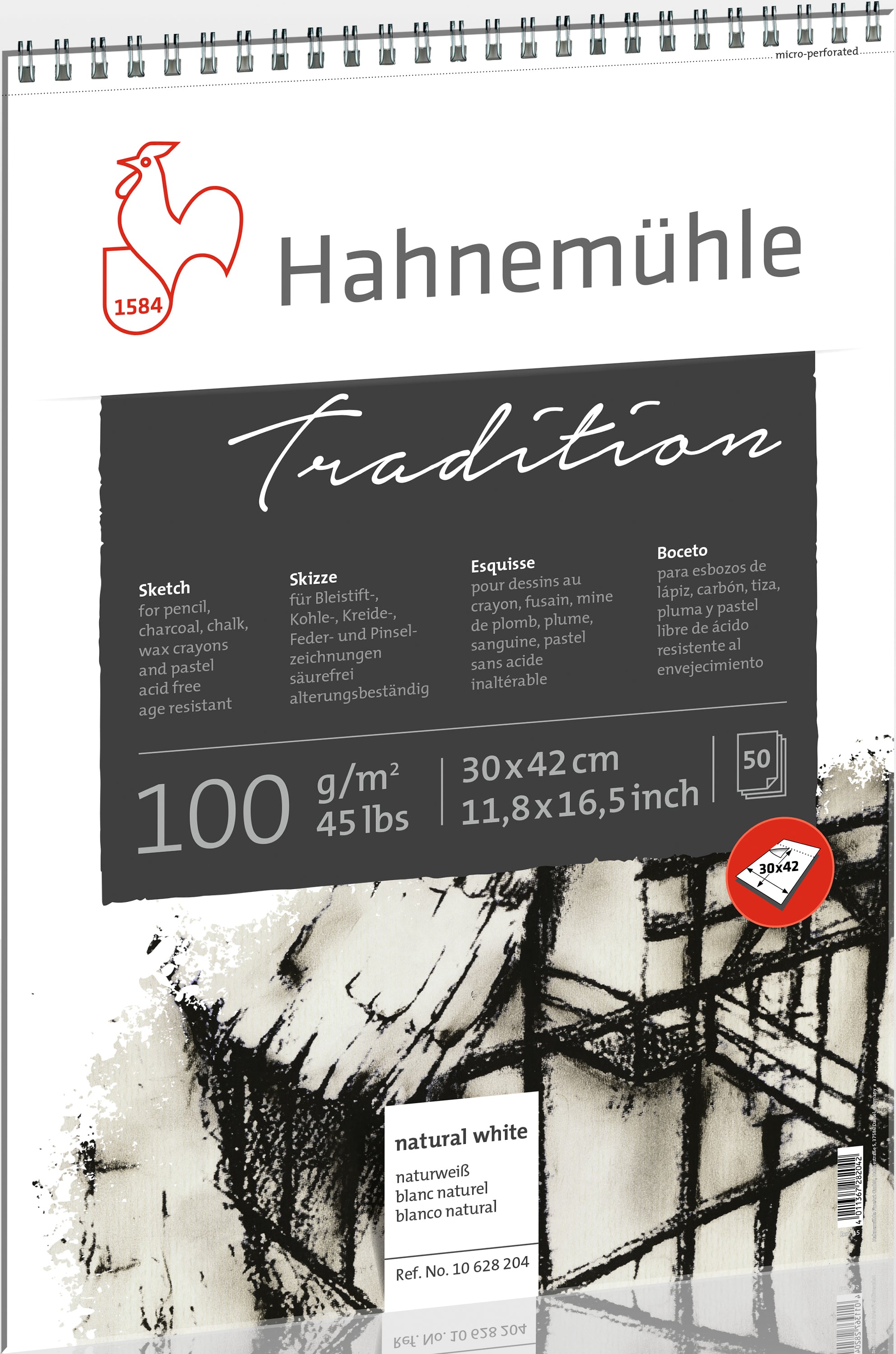 Hahnemühle Skizzenblock Tradition – 30 × 42 cm – 100 g/m² – Spiral – 50 Blatt – für Bleistift, Kohle & Tinte