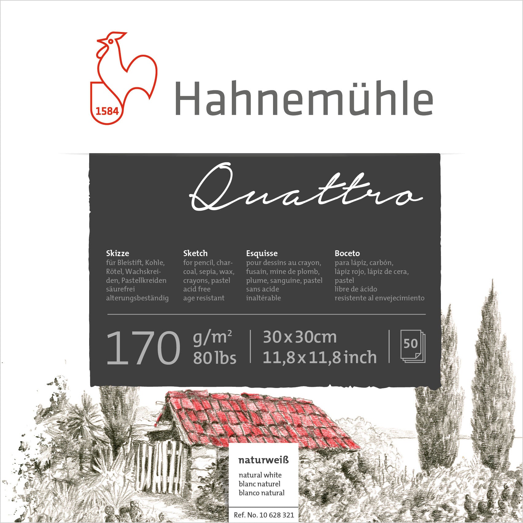Hahnemühle Skizzenblock Quattro – 30,5 × 30,0 cm – 170 g/m² – 50 Blatt