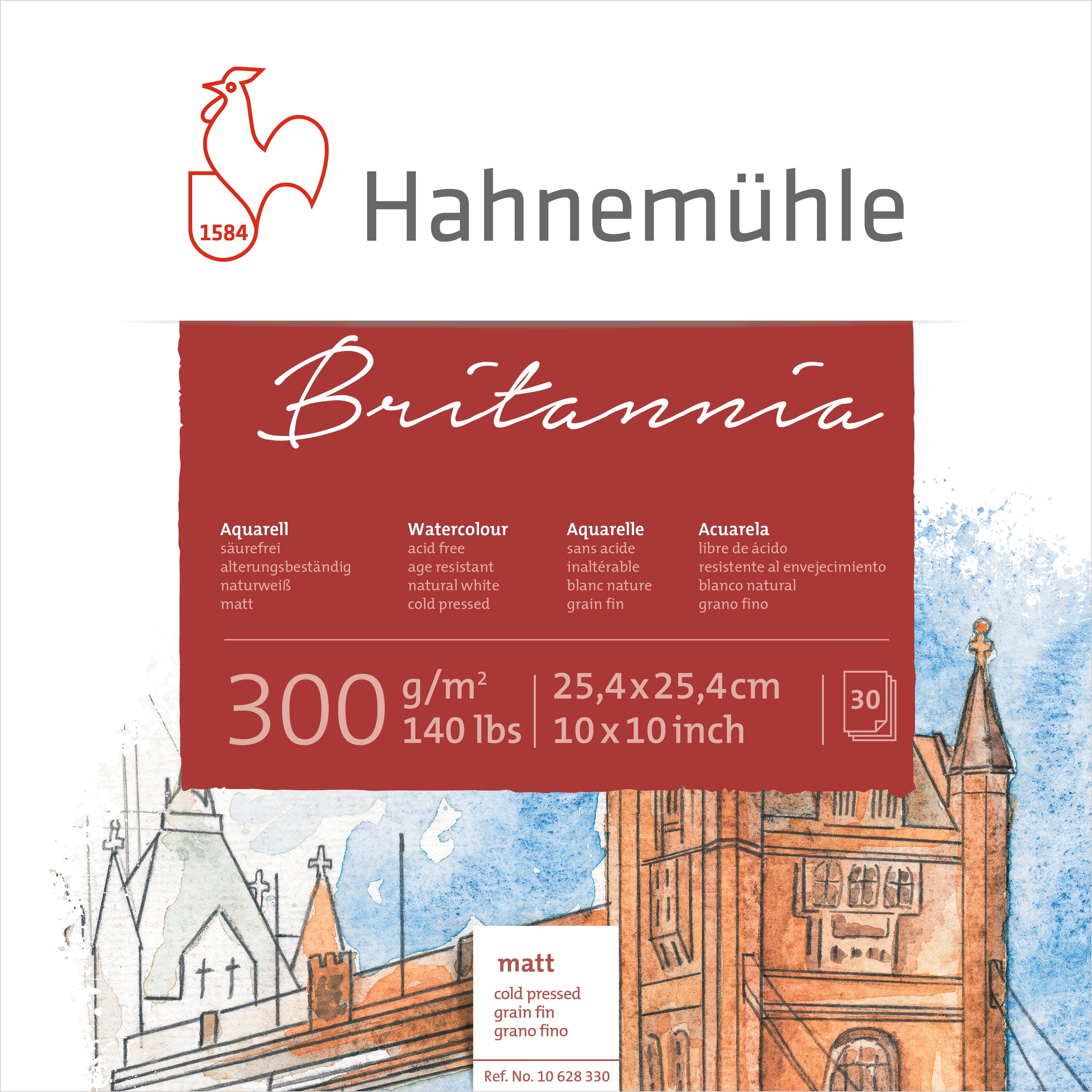 Hahnemühle Britannia Aquarellblock – 25 × 25 cm – 300 g/m² – 30 Blatt, weiss, feinkörnig