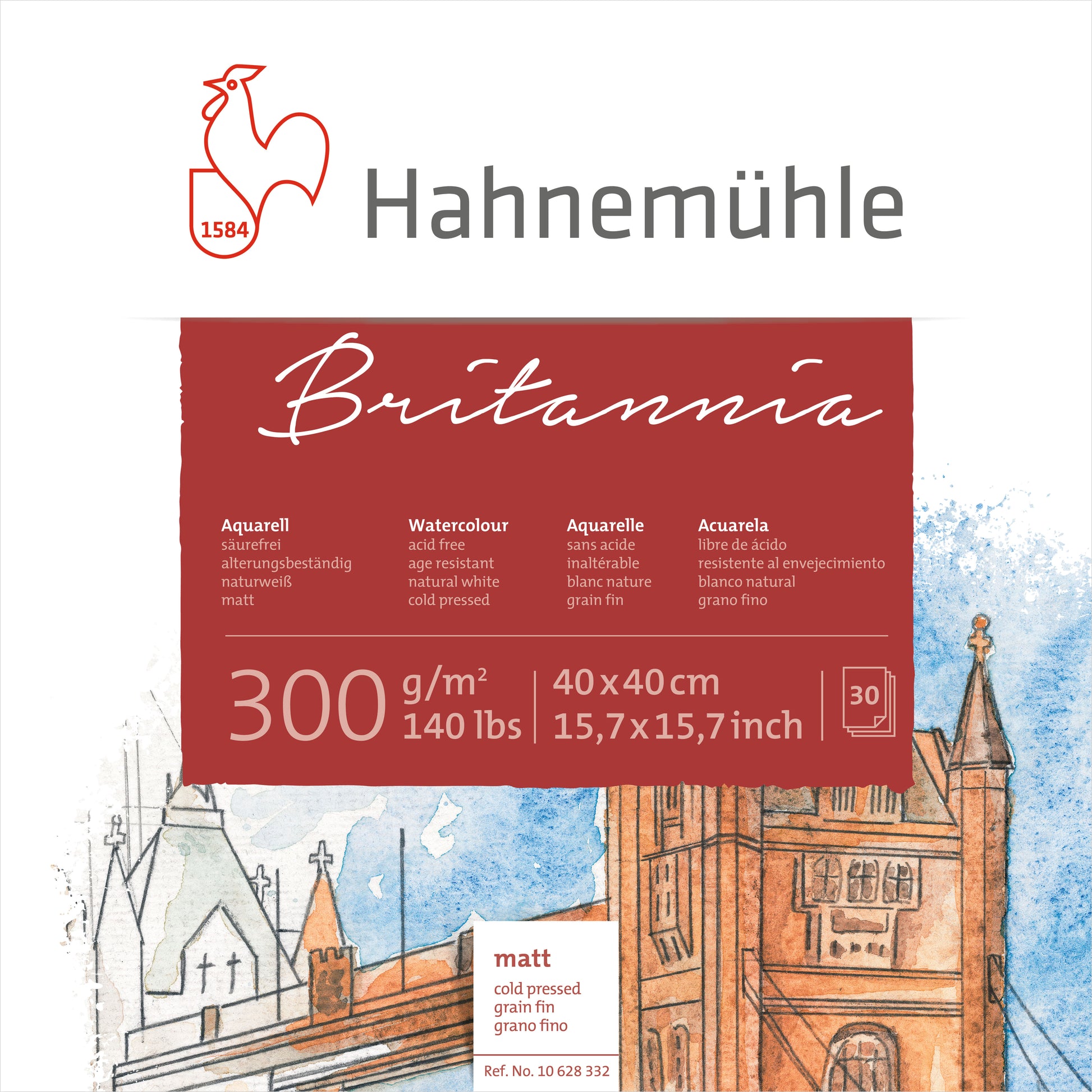 Hahnemühle Britannia Aquarellblock – 40 × 40 cm – 300 g/m² – 30 Blätter, weiss, matt