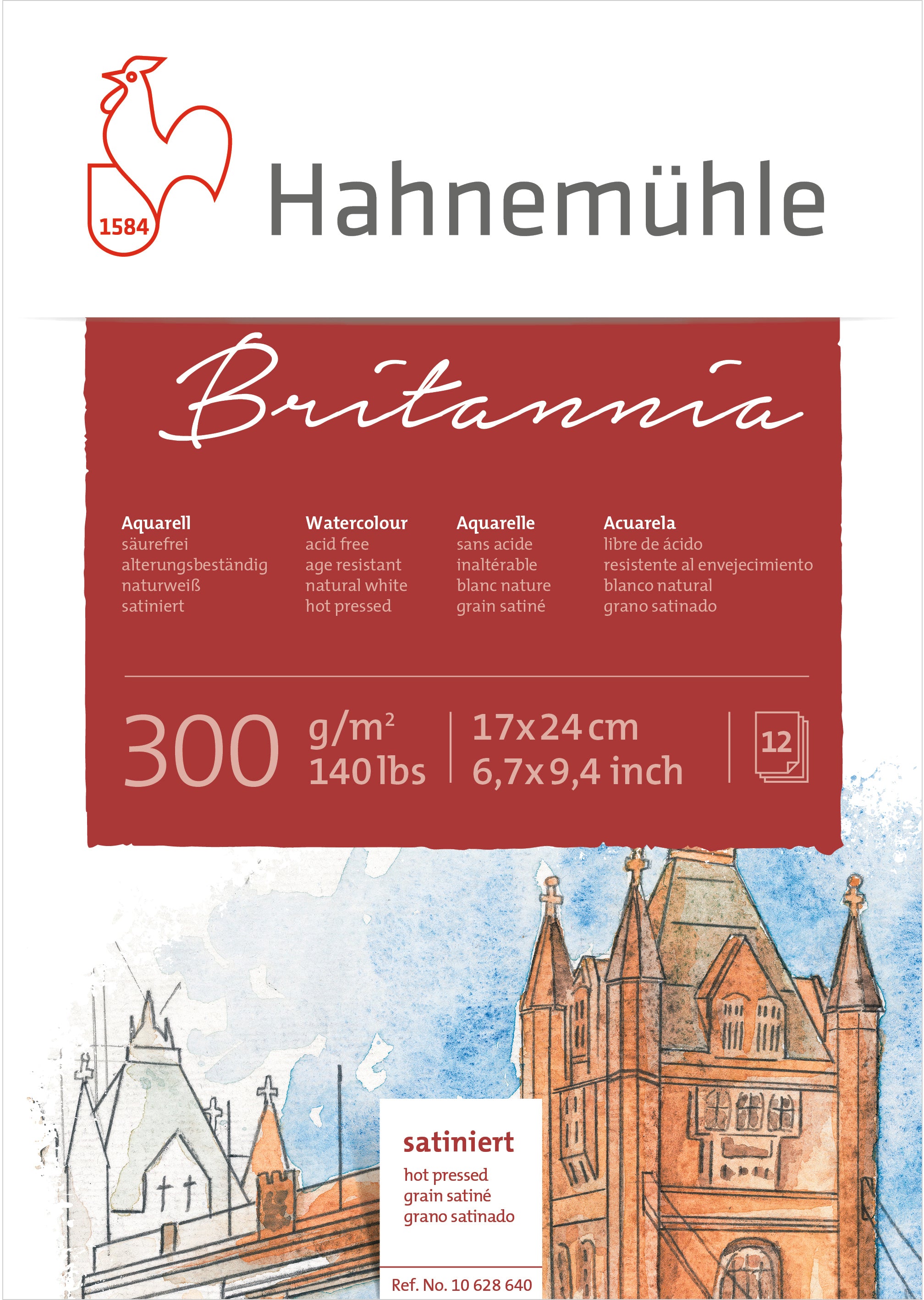 Hahnemühle Britannia Aquarellblock – 17 × 24 cm – 300 g/m² – 12 Blatt, weiss, satiniert