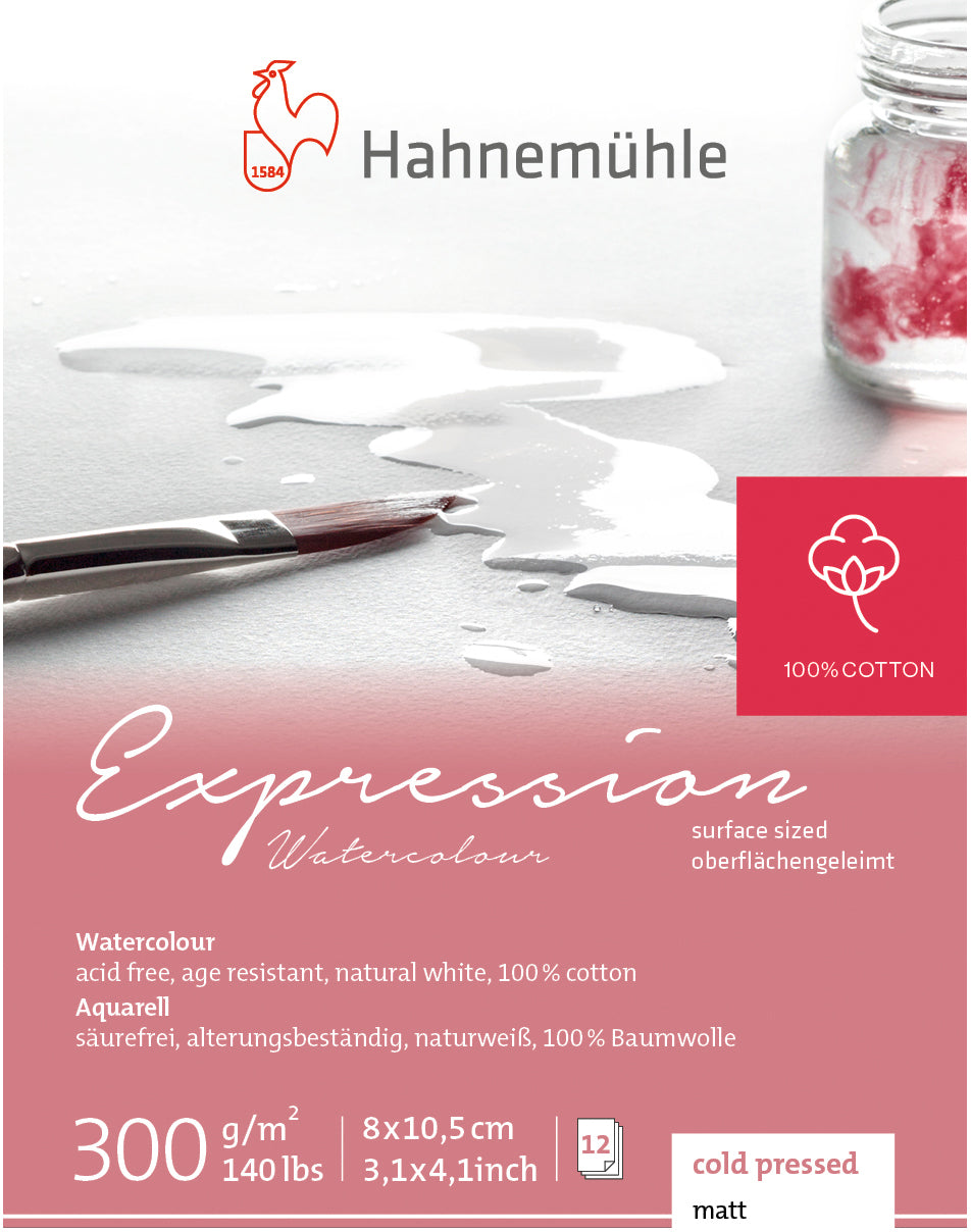 Hahnemühle Expression Aquarellblock – 8 × 10,5 cm – 300 g/m² – 12 Blatt, weiss, feinkörnig