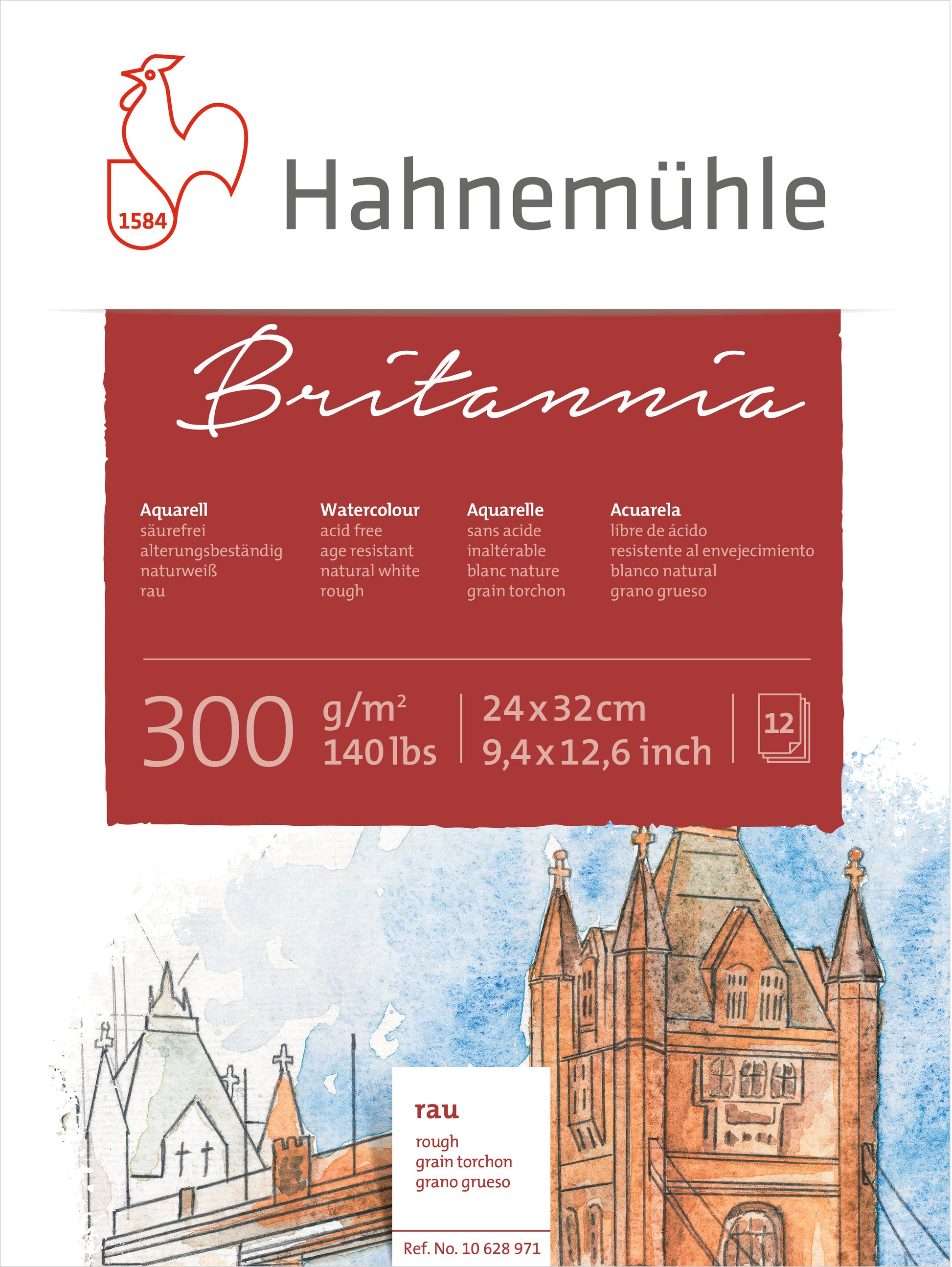 Hahnemühle Britannia Aquarellblock – 24 × 32 cm – 300 g/m² – 12 Blätter – weiss, rau – für Aquarell & Gouache