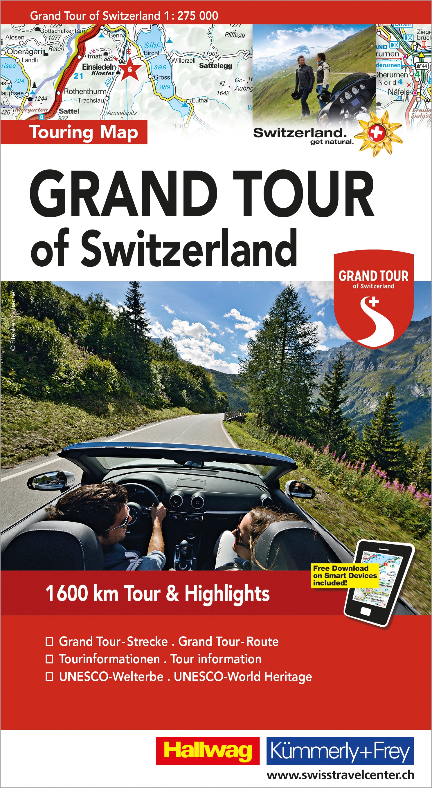 Hallwag Strassenkarte – Grand Tour of Switzerland – Massstab 1:275'000 – laminiert – 130×26×236 mm