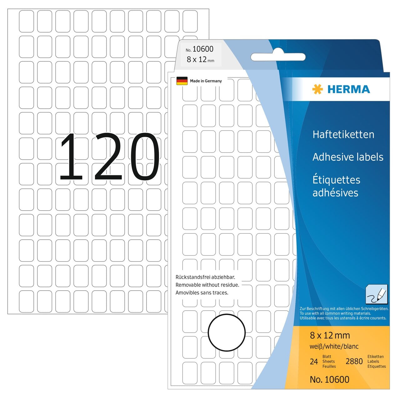 HERMA Haftetiketten – rechteckig 8 × 12 mm, wiederablösbar, weiss, Papier, 24 Blatt (2'880 Stk.)