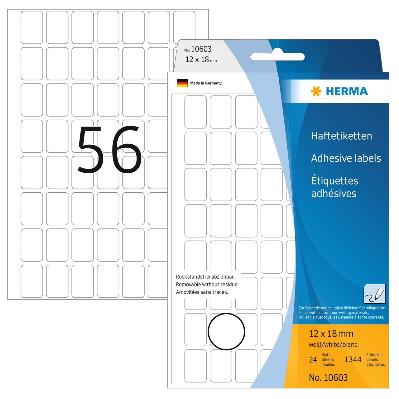 HERMA Haftetiketten – rechteckig 12 × 18 mm, wiederablösbar, weiss, Bogen 111 × 170 mm, 24 Blatt (1'344 Stk.)