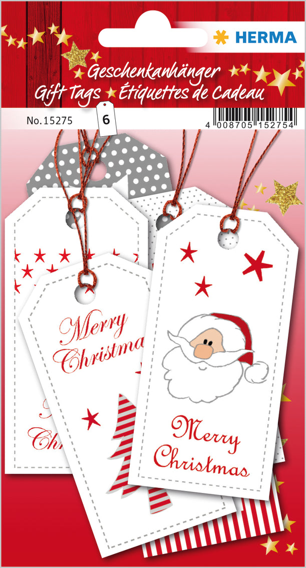 HERMA Geschenkanhänger – Weihnachten, Papier, 80 × 40 mm, rechteckig, rot, mit Faden, 6 Anhänger