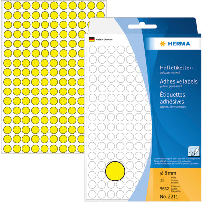 HERMA Haftetiketten – rund Ø 8 mm, permanent, gelb, Bogen 111 × 170 mm, 32 Blätter (5'632 Stk.)
