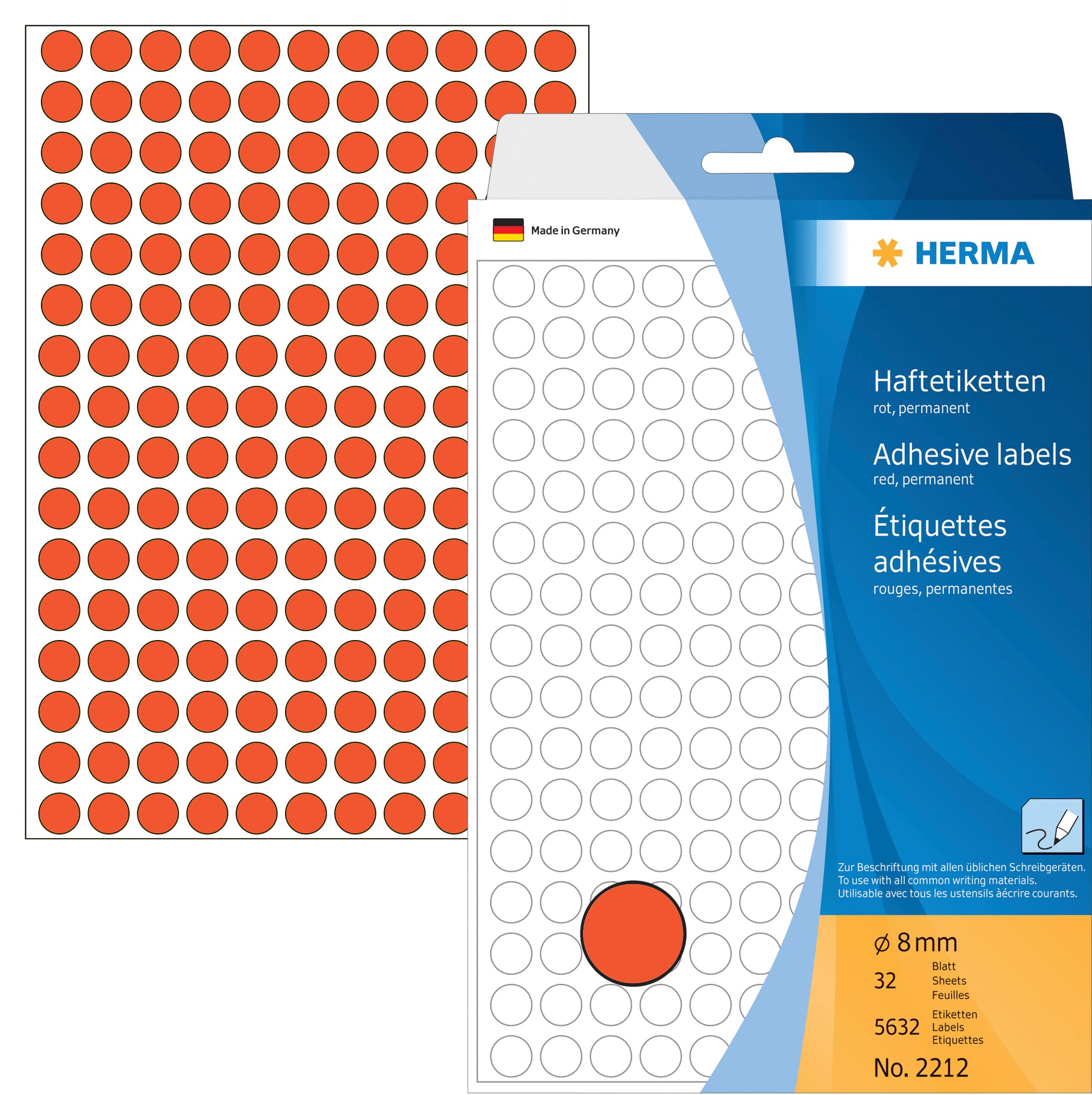HERMA Haftetiketten – Ø 8 mm, permanent, rot, Bogen 111 × 170 mm, 32 Blätter (5'632 Stk.)