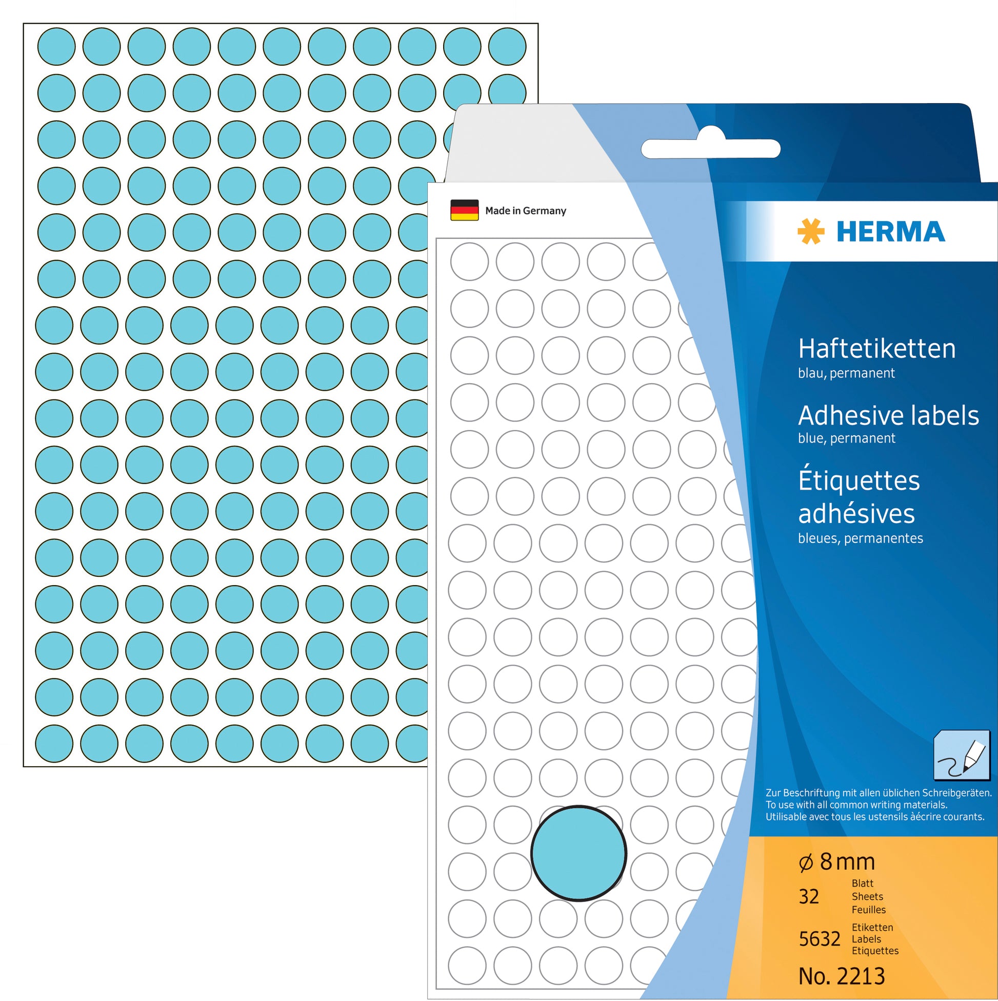 HERMA Haftetiketten – rund Ø 8 mm, permanent, blau, Bogen 111 × 170 mm, 32 Blatt (5'632 Stk.)