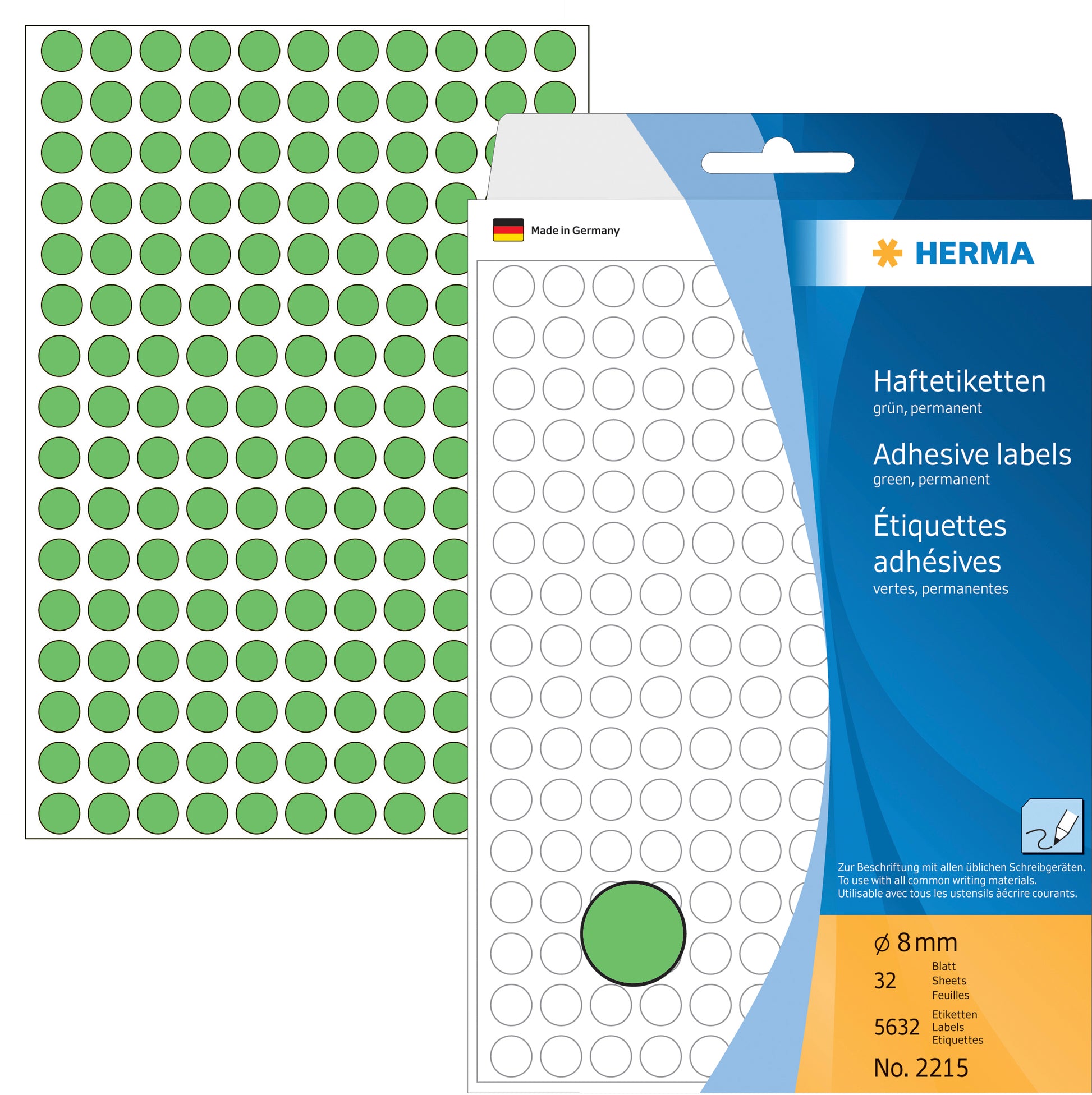 HERMA Haftetiketten – Ø 8 mm, permanent, grün, Bogen 111 × 170 mm, 32 Blätter (5'632 Stk.)