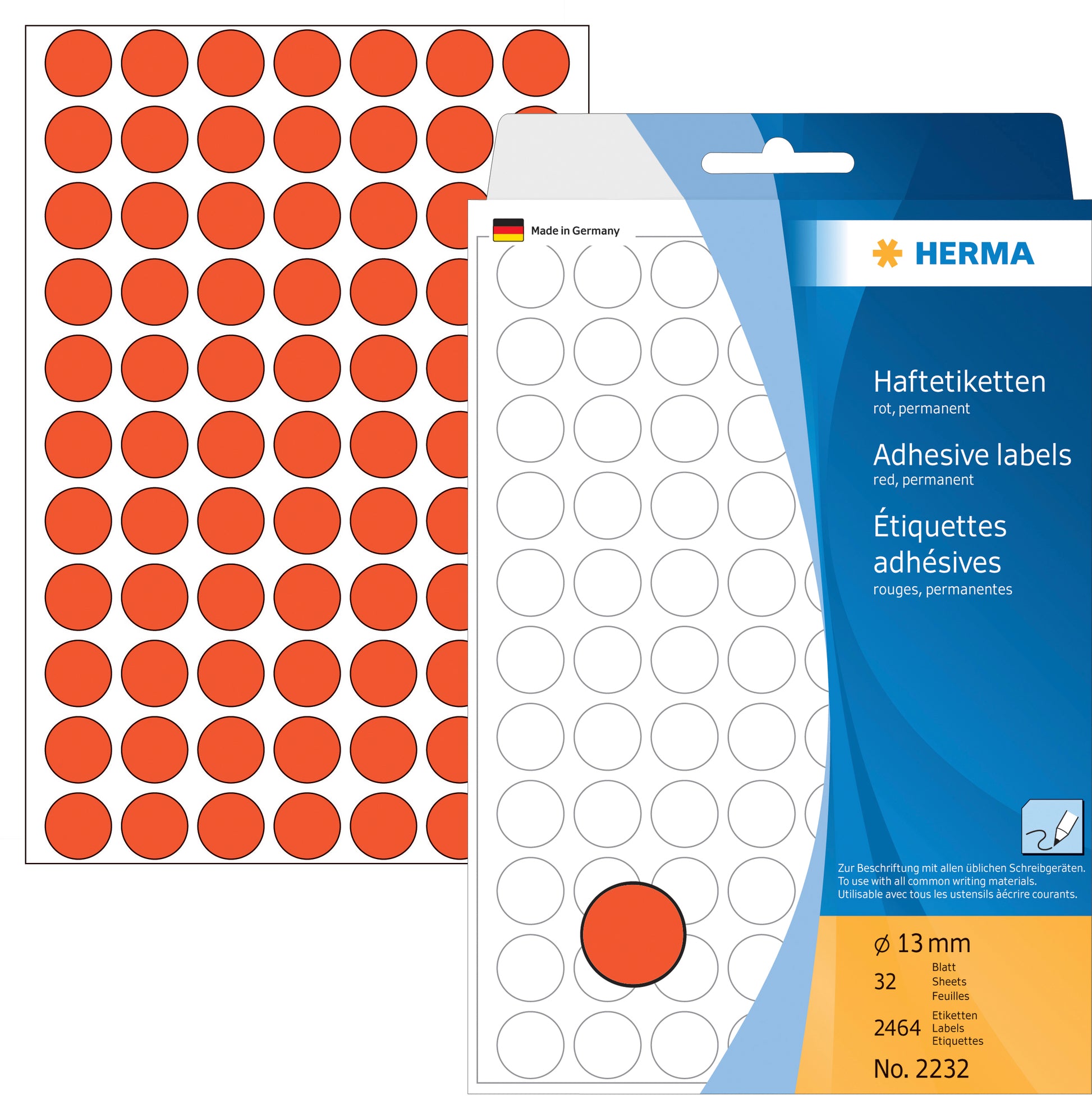 HERMA Haftetiketten – rund Ø 13 mm, permanent, rot, Bogen 111 × 170 mm, 32 Blatt (2'464 Stk.)