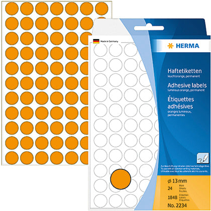 HERMA Haftetiketten – rund Ø 13 mm, stark haftend, leuchtorange, 24 Blatt (1'848 Stk.)