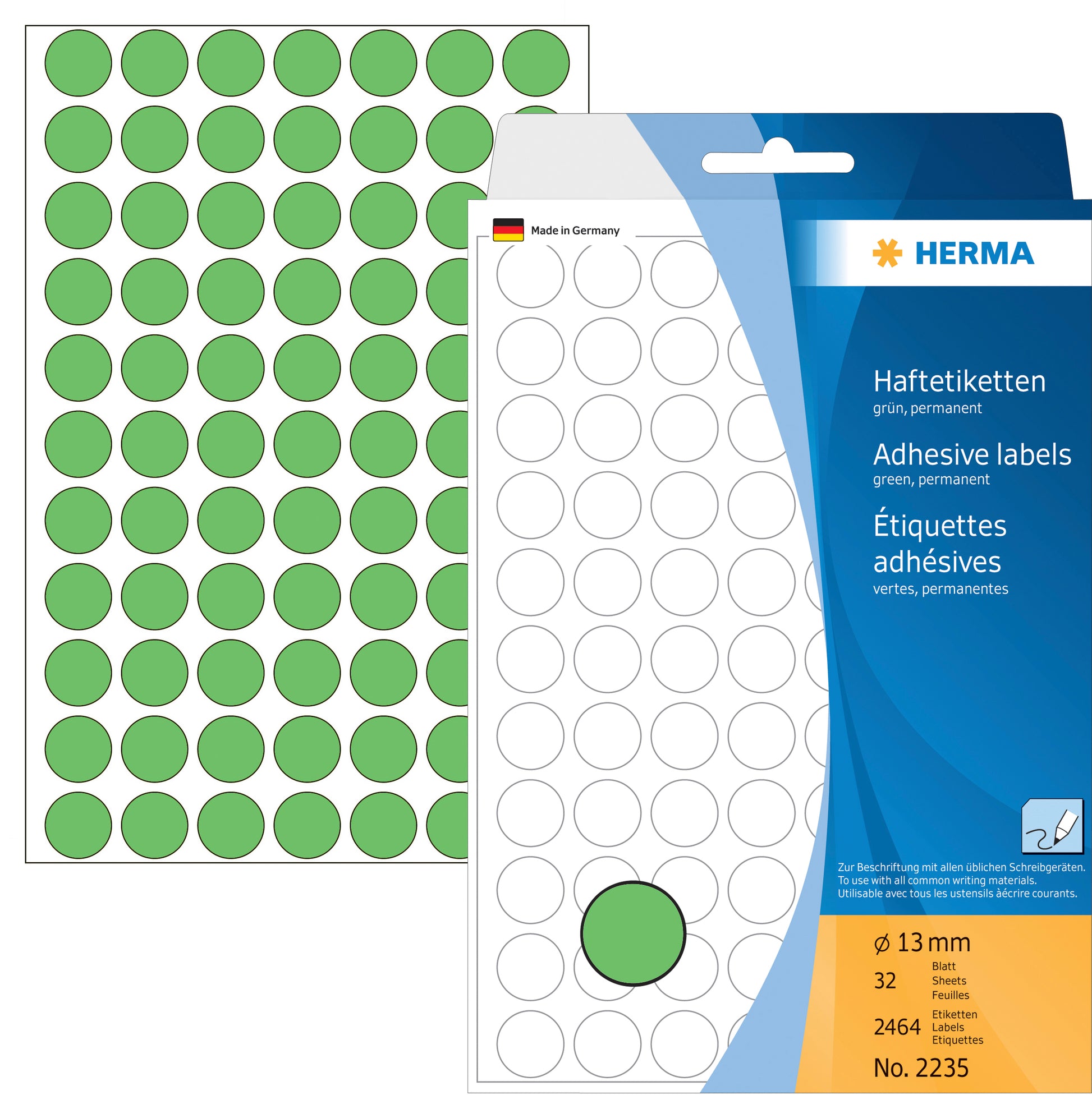 HERMA Haftetiketten – rund Ø 13 mm, permanent, grün, 111 × 170 mm, 32 Blätter (2'464 Stk.)