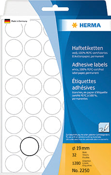 HERMA Haftetiketten – Ø 19 mm, stark haftend, weiss, 32 Blatt (1'280 Stk.)
