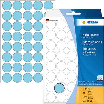 HERMA Haftetiketten – rund Ø 19 mm, permanent, blau, 111 × 170 mm, 32 Blätter (1'280 Stk.)