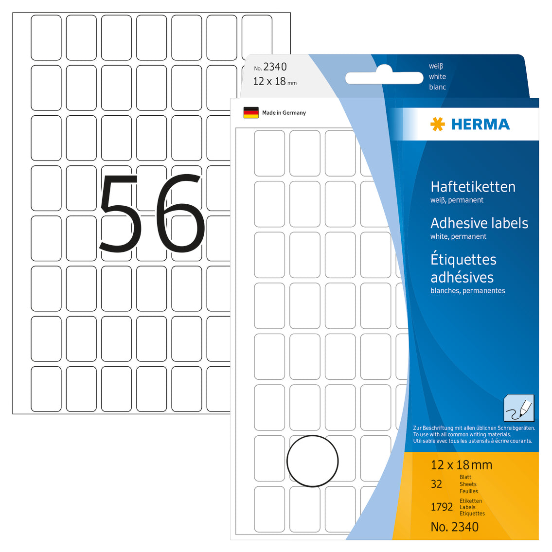 HERMA Haftetiketten – rechteckig 12 × 18 mm, stark haftend, weiss, 32 Blatt (1'792 Stk.)