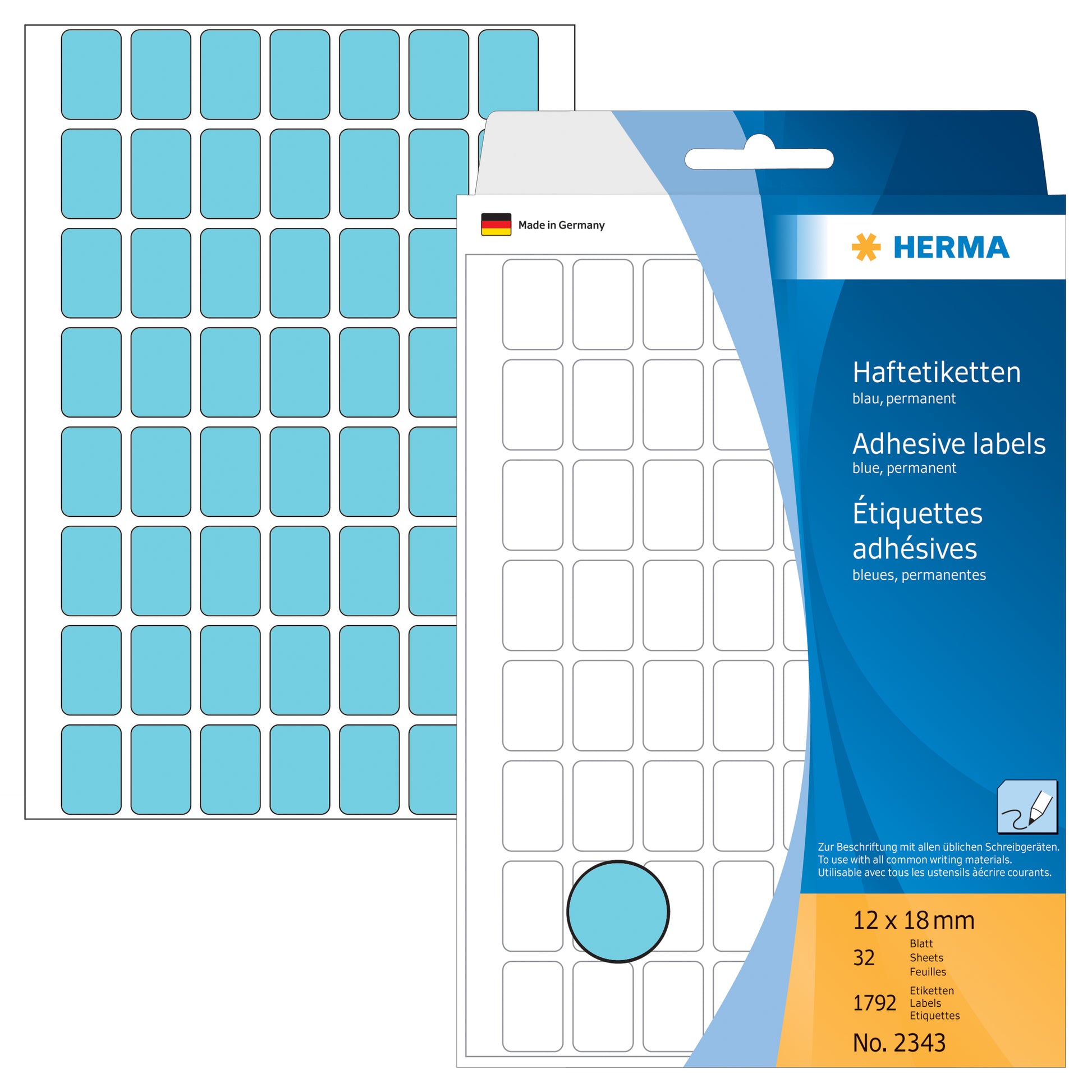 HERMA Haftetiketten – rechteckig 12 × 18 mm, stark haftend, blau, Bogen 111 × 170 mm, 32 Blatt (1'792 Stk.)