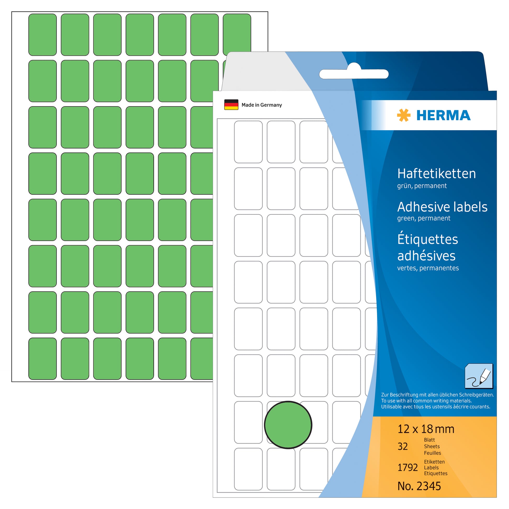 HERMA Haftetiketten – rechteckig 12 × 18 mm, stark haftend, grün, 32 Blatt (1'792 Stk.)