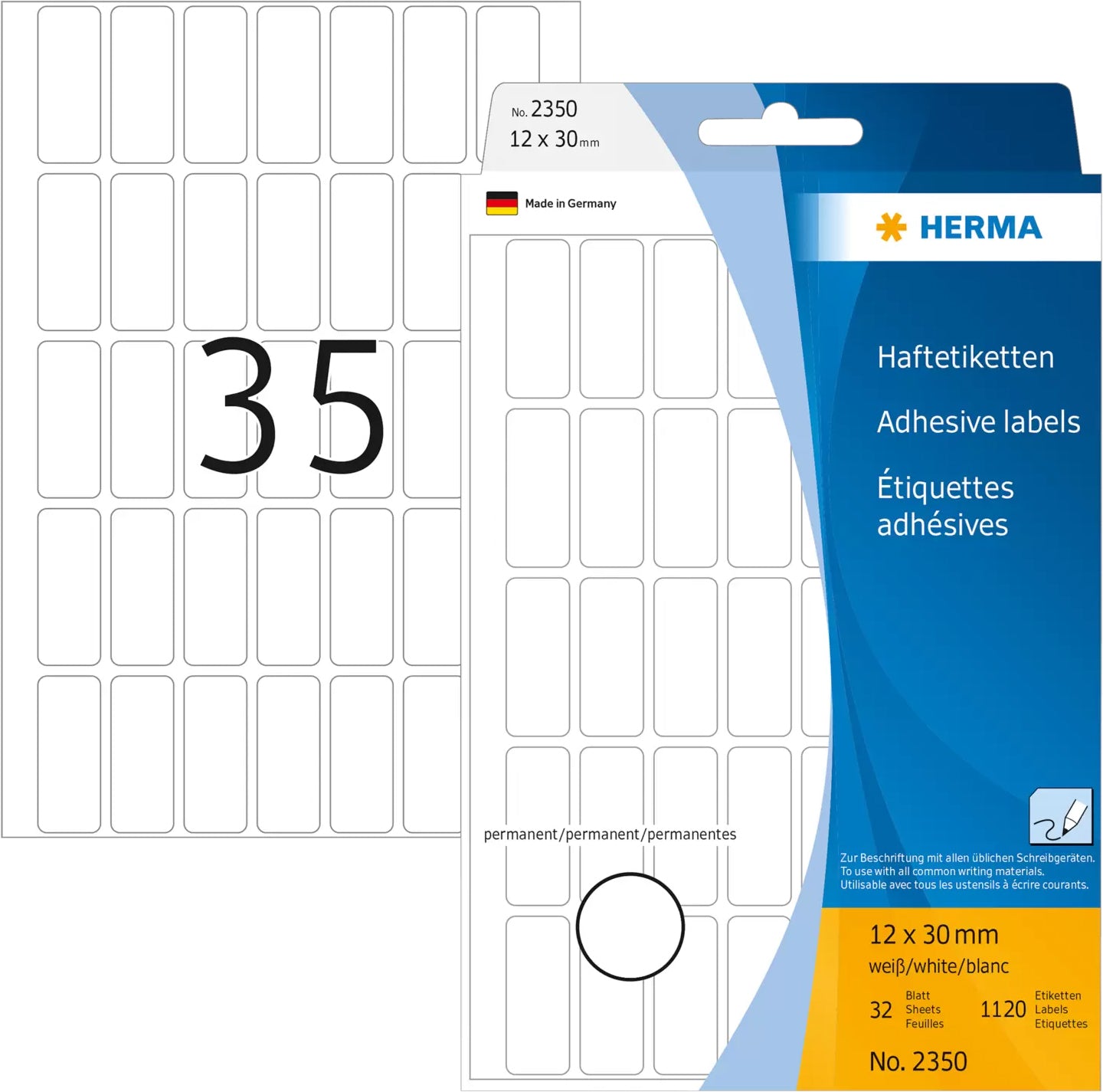 HERMA Haftetiketten – rechteckig 12 × 30 mm, stark haftend, weiss, Bogen 111 × 170 mm, 32 Blatt (1'120 Stk.)