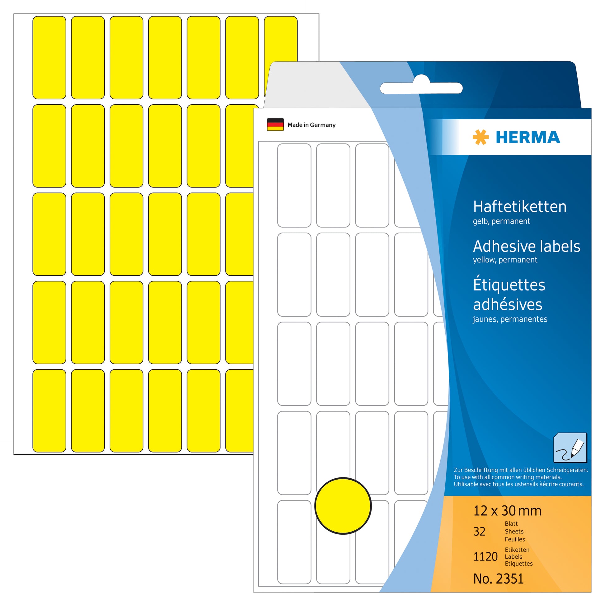 HERMA Haftetiketten – rechteckig, abgerundete Ecken 12 × 30 mm, permanent, gelb, 32 Blatt (1'120 Stk.)