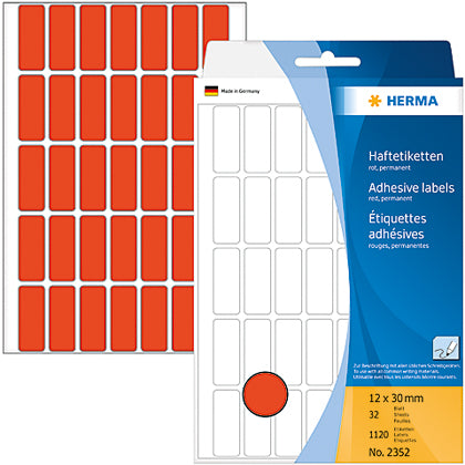HERMA Haftetiketten – rechteckig 12 × 30 mm, permanent, rot, 111 × 170 mm, abgerundete Ecken, 32 Blatt (1'120 Stk)